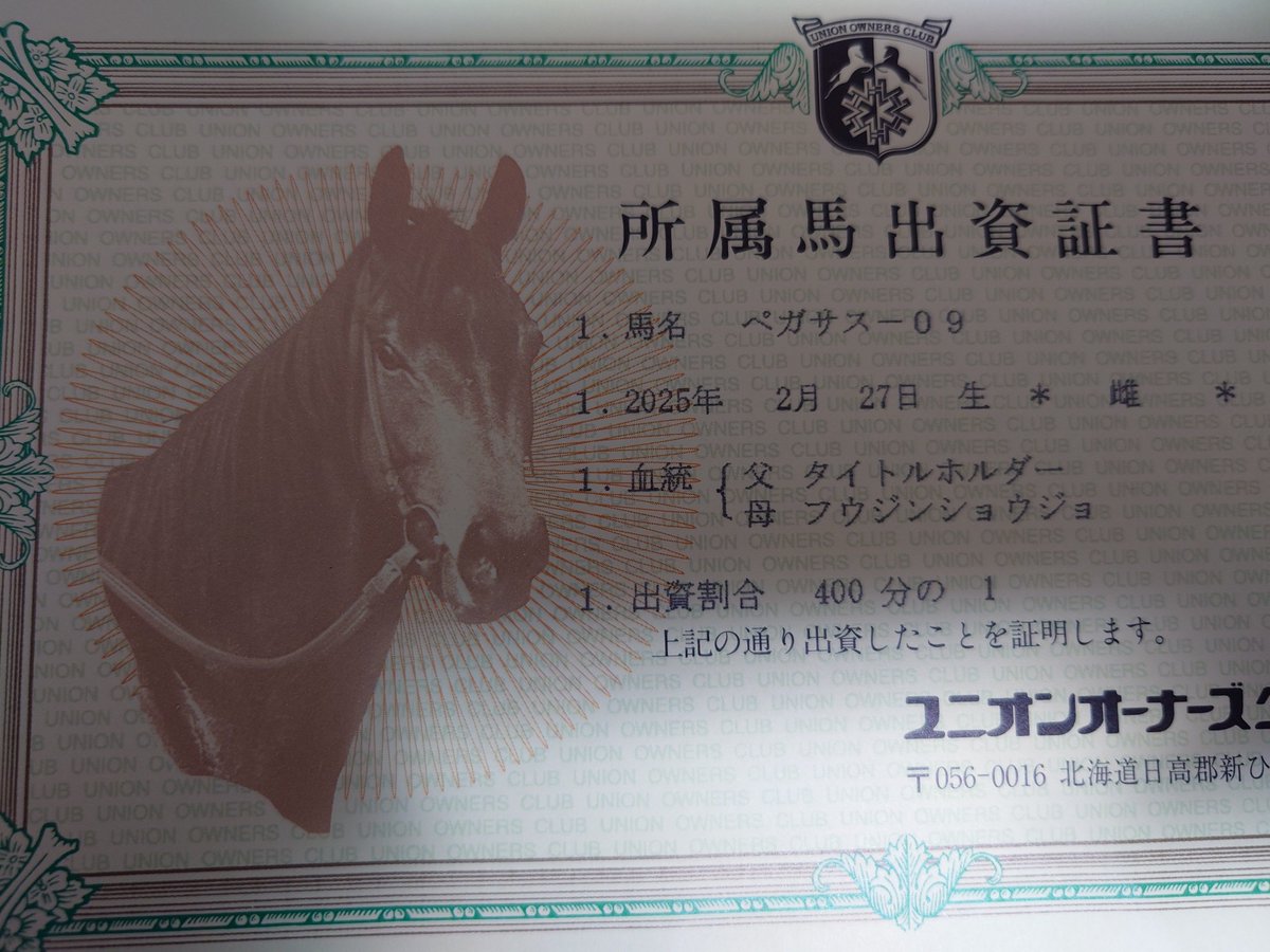 mona_dels's tweet photo. 今年出資した子の出資証書届いて気づいたけど、この子2/27生まれじゃん👀
これは走りますわ https://t.co/bmQDeKDGtG
