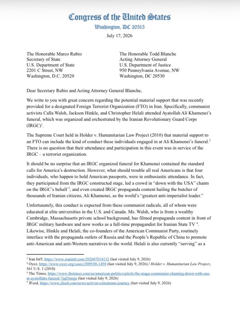 BasiraPress_'s tweet photo. 🎯 BREAKING: Jewish-American Congressman Randy Fine and several other members of Congress call for revoking the citizenship and even flaunting threats of the death penalty for Irish-American journalist Calla Walsh due to her opposition to genocide and support for the betterment of human society

Randy Fine is the same demon who said, in response to a photo of a dead Palestinian child with the question how could he sleep at night, Fine responded "Quite well, actually! Thanks for the pic!" Fine also advocated for starving Palestinians in Gaza, tweeting "Stop the [aid] trucks. Let them eat rockets" and also "starve away."

Fine even celebrated the murder of an American citizen in the West Bank.

Yet a journalist like @CallaWalsh who exposes corruption and wickedness, including the likes of Randy Fine, should be threatened with revocation of citizenship and even the death penalty?

No matter if Walsh or other American citizens oppose the very essence of the US system and American identity in its entirety — rather than being a reformist who seeks to change certain aspects of it — they are not enemies of the American people themselves and in fact are loyal to them and their well-being. Opposing the Epstein class, including Randy Fine, is in order to remove the deep evil that rots all societies around the world, which the American people themselves don't benefit from.

American identity currently equates to godless liberalism: it is an idea, not a people. America can import a Hindu Indian on an H1B visa and as long as that migrant believes in the separation of church and state and unlimited individual "freedoms" (to be enslaved by sin and carnal desires), then they become an American. It is not like a French person who disagrees with Macron, as they would still be French. America is an idea — and until that idea changes to something less Satanic and in opposition to divine values (which liberalism is all about), rejecting American identity is simply a rejection of liberalism and not a hatred for those who are citizens of the country. If the definition of what it means to be American changes in the future, then those who were born in the US or hold US passports can reconsider ascribing to American identity.

Randy Fine and the other members of Congress who signed this dangerous letter are the enemies of the people of America. They are servants of a system which acts as a parasite on its own people in order to prop up a Satanic empire.

American citizens should be allowed to develop a conscience and question the official narratives of the Zionist media about everything, including about Islam, the resistance axis, and who is truly on the right side of history. If that leads them to understanding that Martyr Ayatollah Sayyed Ali Khamenei is one of the most righteous political leaders to ever exist and was assassinated by some of the most dirty and evil political leaders to ever exist, then that does not warrant being stripped of citizenship nor being threatened with death.

This is a dangerous precedent designed to stifle dissent and prevent people within the west from developing a conscience and taking a stand against their pedophile, cannibal rulers.