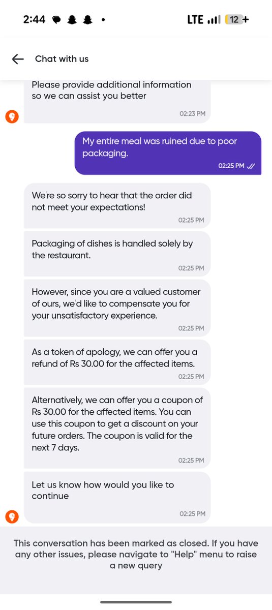 pradyii's tweet photo. @Swiggy this was extremely disappointing. After waiting so long, my order arrived completely spilled due to poor packaging, ruining the entire meal. I reported it, but after an hour of back and forth, the chat was closed without any resolution. Is this how you resolve issue? https://t.co/9QnRNTmlFE