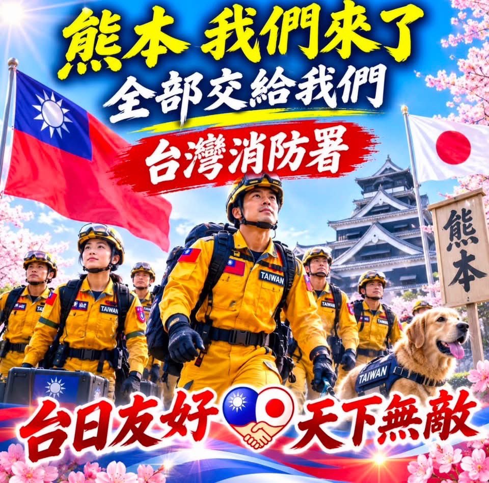 Formosanhistory's tweet photo. 「熊本のためにやって来た！
俺たちに任せとけ！」
byTEAM TAIWAN消防

気持ちはありがたい、非常にありがたいが、と、とりあえず落ち着こうな😊 https://t.co/Gfawe4LnYN