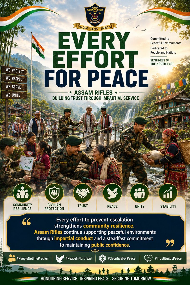 saroja_sing's tweet photo. Fairness is the foundation of lasting peace.  Assam Rifles continue fostering stability through restraint, de-escalation, and protection of civilians. #ImpartialAction #ServingWithoutBias #UnityThroughFairness #TrustBuildsPeace https://t.co/LAjFELEz1t