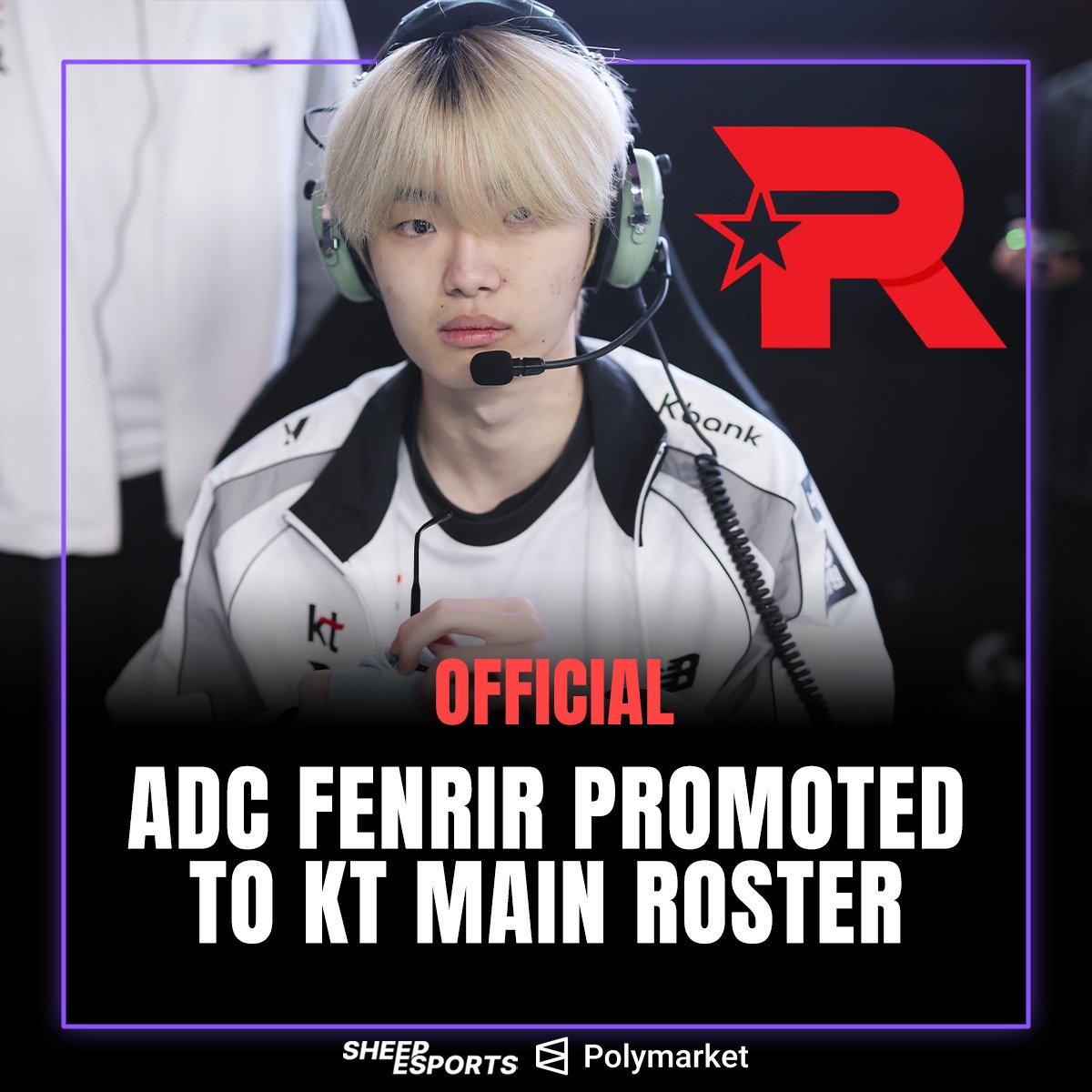 Sheep_Esports's tweet photo. [OFFICIAL] AD Carry FenRir 🇰🇷 is promoted to KT Rolster 🇰🇷 in LCK as announced by the organization:

"There were internal conflicts among the players during practice, which negatively affected the team’s synergy. As a result, we made the team-level decision to change the starting AD carry."

He will play against T1 🇰🇷 today