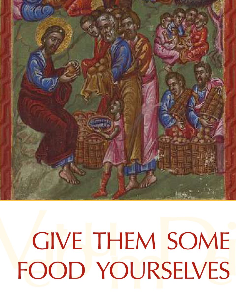 VaticanNews's tweet photo. Gospel of the Day (Matthew 14,13-21)

When Jesus heard of the death of John the Baptist, he withdrew in a boat to a deserted place by himself. The crowds heard of this and followed him on foot from their towns.
When he disembarked and saw the vast crowd, his heart was moved with pity for them, and he cured their sick.
When it was evening, the disciples approached him and said, "This is a deserted place and it is already late; dismiss the crowds so that they can go to the villages and buy food for themselves."
(Jesus) said to them, "There is no need for them to go away; give them some food yourselves."
But they said to him, "Five loaves and two fish are all we have here."
Then he said, "Bring them here to me,"
and he ordered the crowds to sit down on the grass. Taking the five loaves and the two fish, and looking up to heaven, he said the blessing, broke the loaves, and gave them to the disciples, who in turn gave them to the crowds.
They all ate and were satisfied, and they picked up the fragments left over --twelve wicker baskets full.
Those who ate were about five thousand men, not counting women and children.

https://t.co/7mi5ZYl6XL