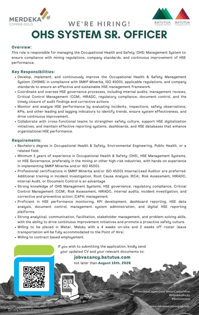 Loker_K3's tweet photo. Lowongan Kerja HSE di Merdeka Copper &amp; Gold

*We're Hiring!!*

Good day everyone,

PT Merdeka Copper Gold Tbk - Site Wetar Copper Mine is a company engaging in mining business activities https://t.co/qBB198DJ8y. Thank you! https://t.co/RHcZ4aL2Yg