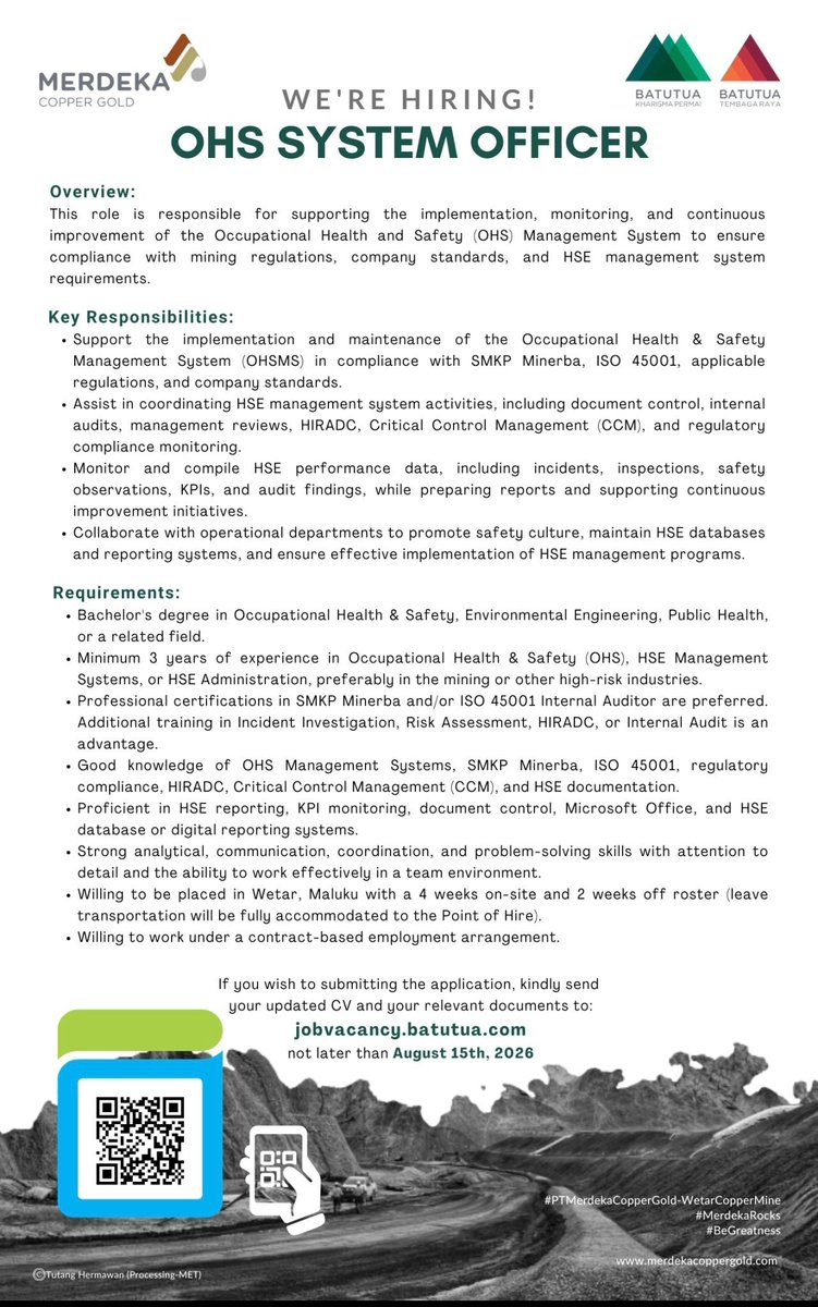 Loker_K3's tweet photo. Lowongan Kerja HSE di Merdeka Copper &amp; Gold

*We're Hiring!!*

Good day everyone,

PT Merdeka Copper Gold Tbk - Site Wetar Copper Mine is a company engaging in mining business activities https://t.co/qBB198DJ8y. Thank you! https://t.co/RHcZ4aL2Yg
