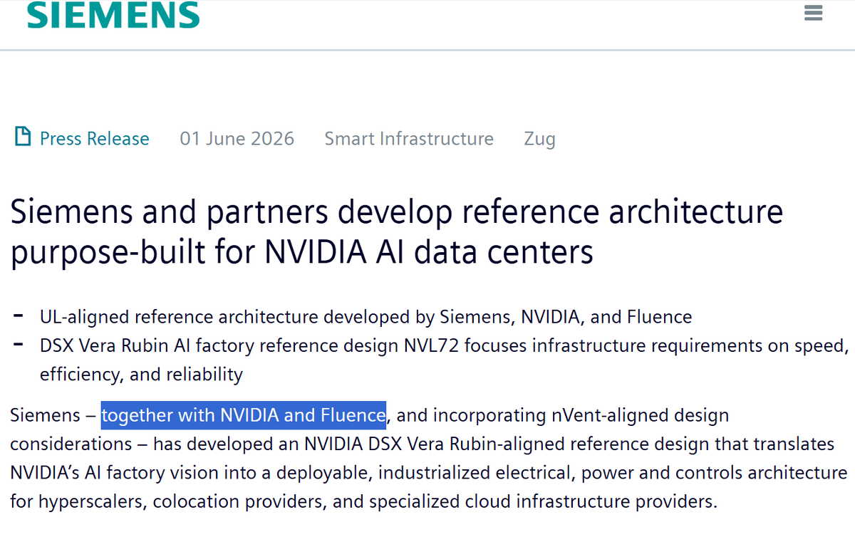 chinoalemano's tweet photo. Everything about $FLNC converges on one date:

August 5.

Everything points to a pleasant surprise after $BE's earnings.

➟ $5.6B backlog.
➟ 2 hyperscalers deal.

The flashiest piece of the story has $NVDA's name on it.

➟ Start with the headline partnership: Fluence was named the exclusive storage partner in the NVIDIA–Siemens AI-factory reference design.

➟ But the detail that matters: the design specs 2-3 HOUR batteries. The market assumed 1 hour.

Every data center built on that architecture buys 2-3x the storage.

And the blueprint stopped being vapor on May 7: master supply agreements signed with TWO hyperscalers.

➟ Read it precisely: Fluence is now a QUALIFIED supplier. It still competes for each concrete order. Nebreda says talks are on with more hyperscalers.

The data center pipeline: ~12 GWh, mostly tied to those MSAs.

Jefferies called it "The 'BESS Case' Scenario".

The deals landed earlier than expected.

The technical detail I love most: per management, data center customers need power QUALITY, not just duration.

Fluence won on advanced controls and fast response.

That's a software moat, not an iron moat.

The order momentum is the best in its history:

➟ ~$2B signed this fiscal year. Double last year's pace.

➟ Record $5.6B backlog.

➟ $600M+ more in the first weeks of Q3.

➟ HALF of this year's bookings from NEW customers.

That last number is narrative gold.

The class action's core claim is that Fluence depended on Siemens and AES.

Best rebuttal possible: a book where half the new business is third parties.

➟ The market already voted once: on earnings day the stock ripped ~42% premarket DESPITE a revenue miss.

Backlog, MSAs and the domestic-content tailwind beat one quarter's shipping delays.

The stock doubled in three months.

➟ The quiet moat: the same tariffs that nearly killed 2025 now work FOR them.

Cells in Tennessee. Modules in Utah. Cabinets and BMS in Arizona.

FEOC rules punish every competitor running Chinese cells.

➟ Already converting: Avantus' Rexford 2, 800 MWh in Southern California, built on domestically produced Smartstack.

➟ The legal cleanup nobody prices: the $230M Diablo disgorgement claim, dismissed in court. Moss Landing, settled, non-material, no admission.

The SEC matter and class action remain. But the two bombs with concrete numbers attached are defused.

➟ The operational recovery: adjusted gross margin back to 11.1% from 5.6%. ~$900M liquidity. Guidance reaffirmed. First Smartstack in commercial operation.

➟ Sell-side turning: Citi to Buy at $24. GLJ initiating at $26.

And here's what makes THIS dip different from every small-cap bleed you know:

The sell-off isn't an offering. It isn't dilution.

No new shares issued. No raise announced. Not one dollar of dilution behind the drop.

The May secondary?

Legacy holders (the Siemens/AES stakes) selling THEIR existing shares.

Zero new stock created.

Zero proceeds to the company.

That's float overhang, not dilution.

Know the difference.

They still hold a large amount of shares.

They sold because they need to fund their own business, AES is being acquired, Siemens has a lot of capex.

A stock cut in half on sentiment while its order book hits all-time highs. That's the shape I look for.

Now, August 5.

The first hyperscaler ORDER was guided to land within the quarter being reported that day.

➟ If it shows up with megawatts and a customer: the data center thesis goes from promise to revenue, and every layer validates in chain.

I'm long $FLNC. Qualified is not guaranteed.

That's exactly why the date matters.

NFA. DYOR.