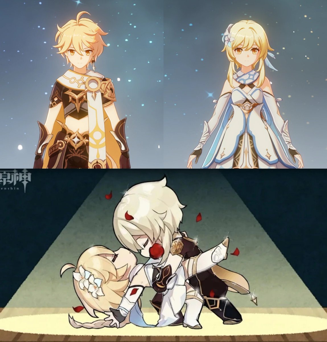 teyvattabloid's tweet photo. Infighting between these two’s fans is so funny cause they look the exact same 😭 just cut aether’s hair and put him in a dress and it’s lumine, or let lumine grow hair out and put her in a binder and it’s aether, in fact hoyoverse has even joked about this in this April fool’s art

©️ u/PsychologyConnect489

#Genshinlmpact #Genshin #GenshinMemes