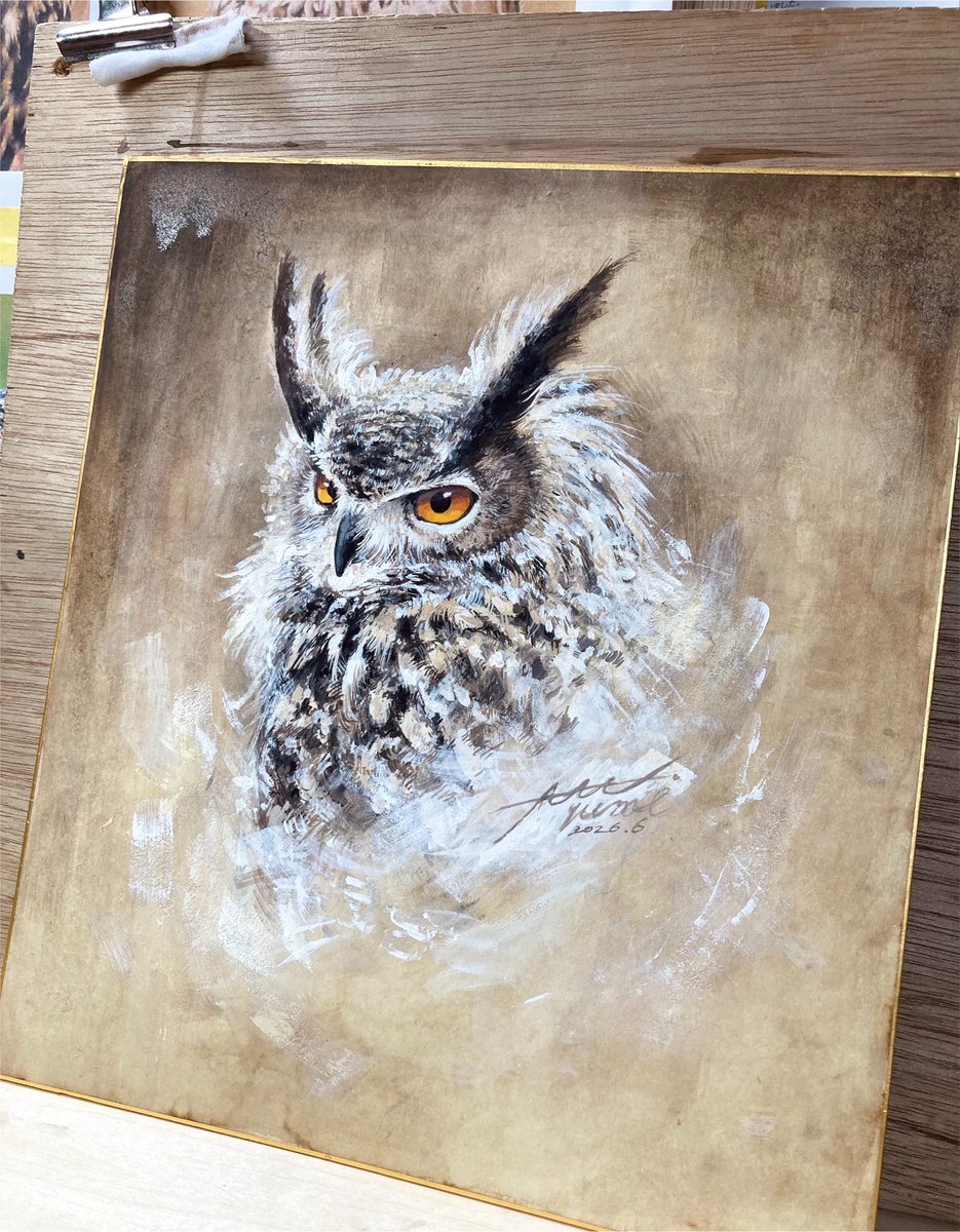 ayumi_M580's tweet photo. 今年のlabyrinth展は色紙だそうで。
久々に絵を描きました。ワシミミズク🦉 https://t.co/8IQGvK2phY