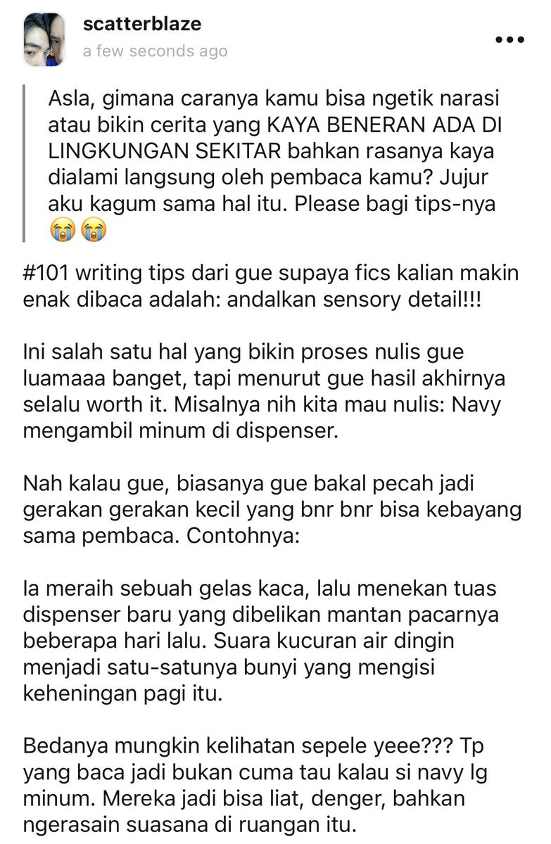 fotchu's tweet photo. ❓ Asla, gimana caranya kamu bisa ngetik narasi atau bikin cerita yang KAYA BENERAN ADA DI LINGKUNGAN SEKITAR bahkan rasanya kaya dialami langsung oleh pembac...
💬 #101 writing tips dari gue supaya fics kalian makin enak dibaca!!!! https://t.co/nyhDRu8pT2 https://t.co/gVMfdgVqDc