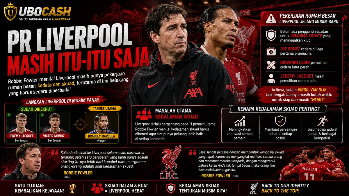 ubocash's tweet photo. #UBOCASH ๐ด Liverpool masih punya PR besar jelang musim baru. Robbie Fowler menilai kedalaman skuad, terutama di lini belakang, harus segera diperbaiki agar The Reds tak terus bergantung pada starting XI. โฝ
#Liverpool #YNWA
๐๐๐
https://t.co/qd59MORmqn
๐๐๐
https://t.co/KtOfPqyoBE