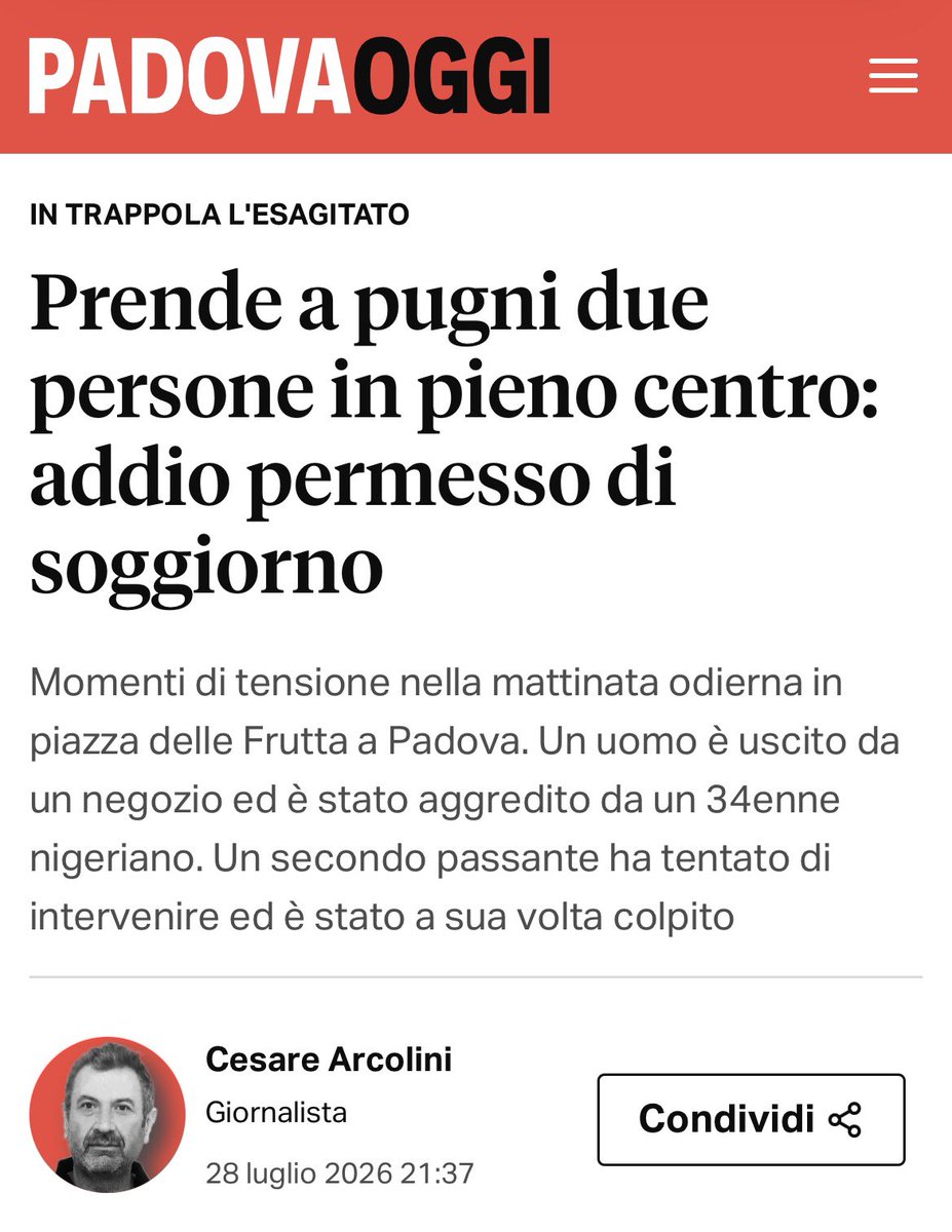 fratotolo2's tweet photo. Di quanto è aumentata la probabilità di venire aggrediti per strada da quando l’Italia è stata trasformata in un paradiso multiculturale?

Padova, due persone sono state prese a pugni in pieno centro

👉 arrestato un RIFUGIATO nigeriano di 34 anni, del quale ora si sta valutando la revoca del permesso di soggiorno 

Curriculum criminale 

1️⃣ nel 2017, è stato arrestato in flagranza di reato per detenzione di droga ai fini di spaccio 

2️⃣ nel 2021, è stato denunciato per porto di armi e oggetti atti ad offendere, dopo essere stato sorpreso all’esterno della stazione ferroviaria di Genova Brignole in possesso di un piede di porco

3️⃣ una settimana dopo, è stato denunciato per danneggiamento per aver preso a calci più moto all’esterno della stazione di Ventimiglia

4️⃣due settimane dopo, è stato denunciato per tentato furto in abitazione nello stesso comune ligure

5️⃣nel settembre del 2021, è stato arrestato per violenza sessuale dopo aver palpeggiato una cliente all’interno di un locale a Roma e, successivamente, sottoposto alla misura cautelare dell’obbligo di presentazione alla polizia giudiziaria

6️⃣ nel dicembre del 2021, è stato denunciato per percosse e violenza privata dopo aver aggredito violentemente con calci e pugni i dipendenti di un fast food all’interno della stazione Termini 

7️⃣ all’inizio del 2022, è stato nuovamente denunciato per resistenza a pubblico ufficiale e interruzione di pubblico servizio per aver aggredito l’autista di un autobus e i poliziotti successivamente intervenuti sul piazzale della metro B a Ponte Mammolo

8️⃣ per lo stesso reato e per quello di lesioni personali, è stato indagato nel febbraio del 2023 all’interno della stazione ferroviaria di Bologna per aver sferrato una gomitata al controllore del treno che gli chiedeva il biglietto, provocandole lesioni 

9️⃣ il 16 giugno scorso è stato arrestato a Roma per resistenza a pubblico ufficiale e rapina: aveva derubata e picchiato un cittadino polacco