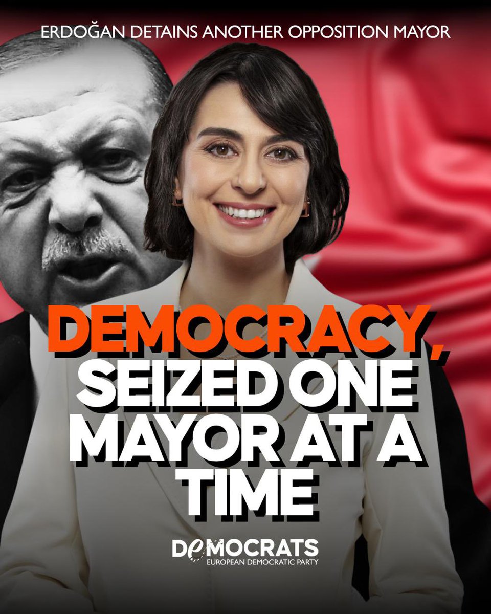 democrats_eu's tweet photo. Sinem #Dedetaş, the young mayor of #Üsküdar, did not lose at the ballot box. She won. However, today she was detained as part of the latest so-called corruption investigation, which is part of an ongoing campaign against #Turkey’s democratic opposition. In today’s Turkey, supporting Ekrem #İmamoğlu and advocating for democratic change is enough to make you a target. Elected mayors are being removed from office one after another through politically motivated investigations. When those chosen by the electorate are treated as enemies, democracy itself is under attack. Europe cannot remain silent.