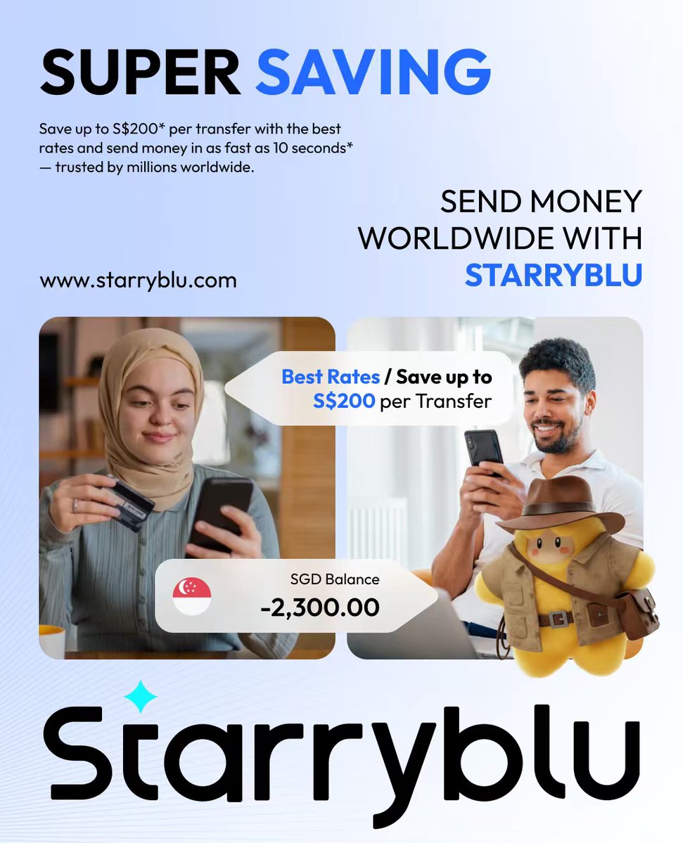 Starryblu_'s tweet photo. Sending money overseas shouldn't cost a fortune! 💸 

Experience SUPER SAVING with Starryblu. 

Save up to S$200 per transfer with the best exchange rates, and send money in as fast as 10 seconds! ⚡ 

Trusted by millions worldwide, we make international transfers quick, cheap, and hassle-free. 🌎🤝

Use MWQK001 at sign-up for a S$20 cash voucher. Try now: https://t.co/JurF6myARE

#Starryblu #SuperSaving #MoneyTransfer #BestRates #GlobalFinance #FintechApp #Remittance #SendMoneyAbroad