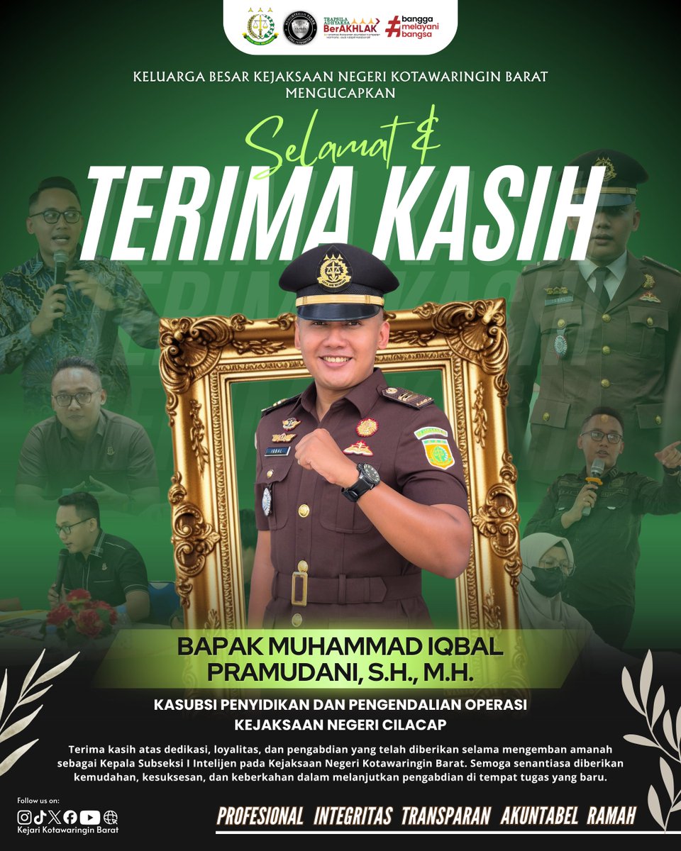Kejari_Kobar's tweet photo. Keluarga Besar Kejari Kobar mengucapkan terima kasih dan penghargaan yang setinggi-tingginya atas dedikasi, loyalitas, serta pengabdian yang telah diberikan Bapak Muhammad Iqbal Pramudani, S.H., M.H. selama mengemban amanah sebagai Kepala Subseksi I Intelijen. https://t.co/CoPxdN09Pl