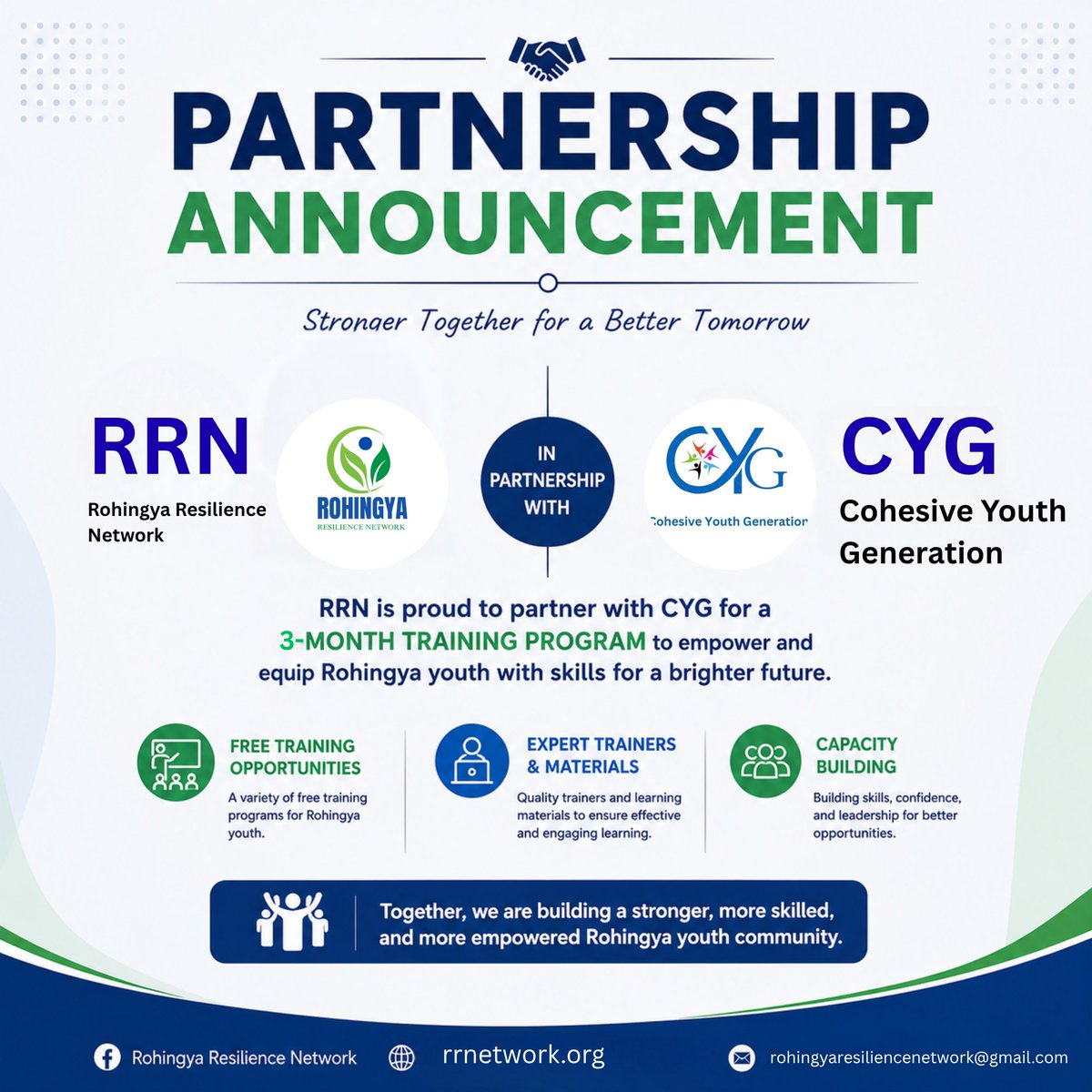 RRnetwork1's tweet photo. We are delighted to announce that #RRN has officially partnered with #CYG for a three-month training programs dedicated to empowering Rohingya youth.

Stay tuned for more updates, including upcoming training opportunities and participant registration. https://t.co/NKCdn7BsG4
