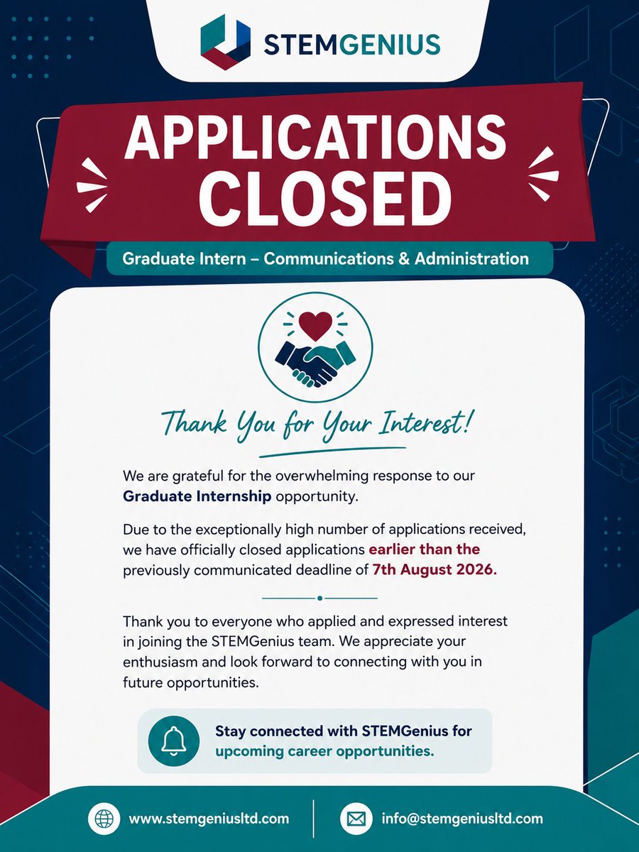 STEMGenius22's tweet photo. 📢 Applications Closed

We are grateful for the overwhelming interest in our Graduate Intern – Communications &amp; Administration opportunity. Due to the exceptionally high number of applications received, we have closed applications ahead of the previously communicated deadline. https://t.co/Xns5BzPuRf