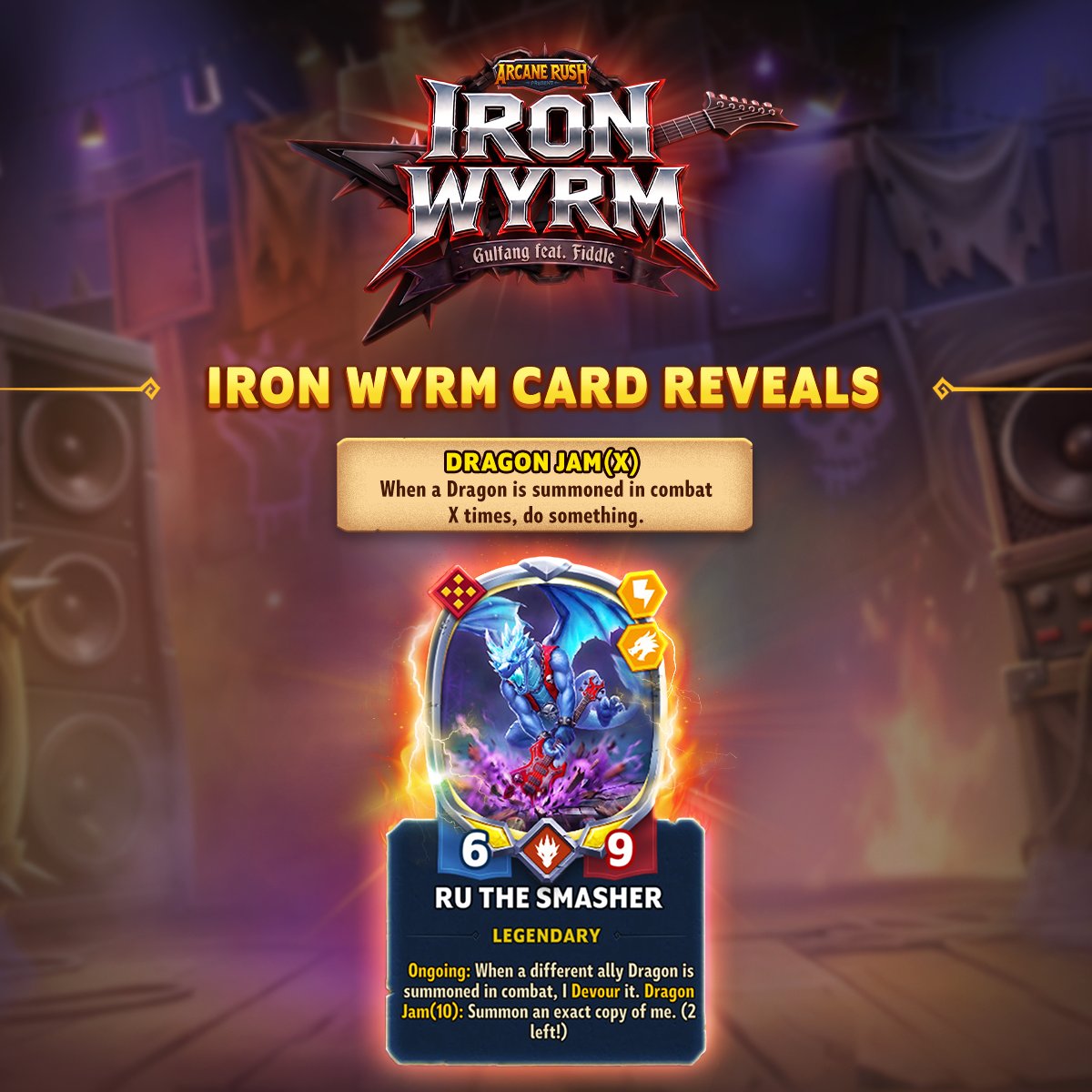 ArcaneRushh's tweet photo. The bigger the band gets, the bigger Ru gets. 🐉🎸

The more Dragons join the performance, the closer he gets to bringing another Ru onto the battlefield.
------
🎸 The music is getting louder. Iron Wyrm arrives August 1st! https://t.co/PIdmaskYz9