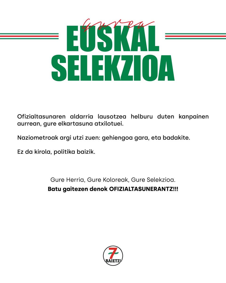 7Baietz's tweet photo. Atxiloketen harira, 7Baietz!-en adierazpena.

Gure HERRIA, Gure KOLOREAK, Gure SELEKZIOA.

#7baietz #euskalherria #ofizialtasuna https://t.co/pnxo1lvbeC