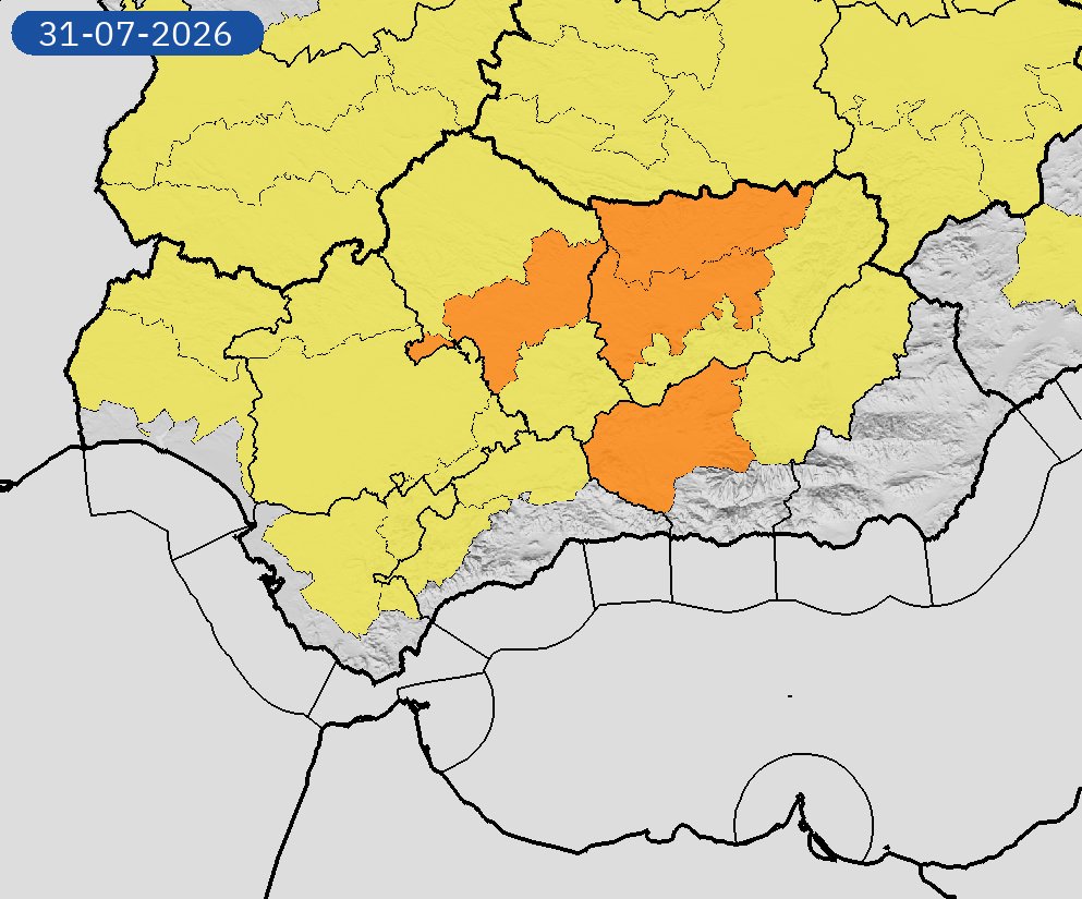 AEMET_Andalucia's tweet photo. 29/07 11:42 AVISOS PASADO MAÑANA | Andalucía: temperaturas máximas. Nivel máximo de aviso: naranja.
Actualizaciones en https://t.co/Dfanf8vdfH https://t.co/vzFtjStjQu