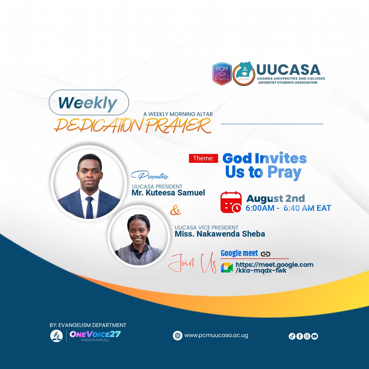 pcmuganda10's tweet photo. π
WEEKLY DEDICATION PRAYER π
Invite a friend! Let's seek God together! π€ Share this message! π
#UUCASA #WeeklyDedicationPrayer #MorningAltar #PrayWithoutCeasing #AdventistStudents #Uganda #Revival #OneVoice27 https://t.co/zc4QuiYmDA