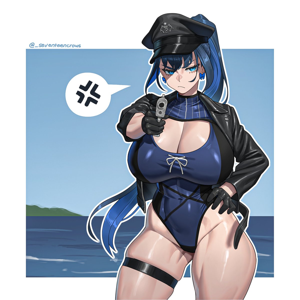 _seventeencrows's tweet photo. POV: Officer Kronii caught you showing up to the beach without your summer swimsuit. ☀️🔫

"Explain yourself."
#kronillust https://t.co/mEoUf88Btj