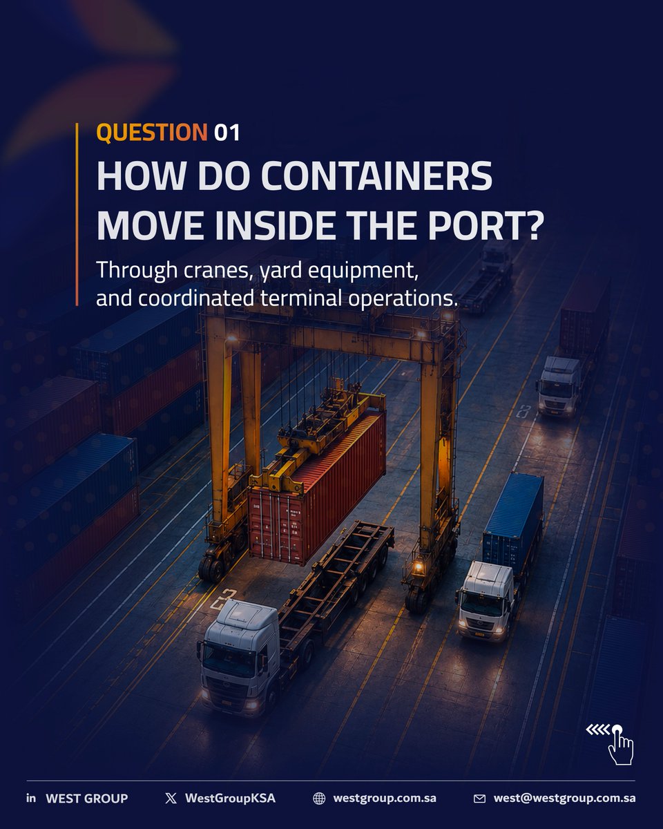 WestGroupKSA's tweet photo. What happens behind every smooth logistics operation?

From moving containers inside the port to preparing trucks for departure, every step requires accuracy, timing, and seamless coordination.

Swipe through to discover the answers to some of the most common questions about logistics, and see how every detail helps keep cargo moving efficiently.

At West Group, we support logistics operations with the coordination and reliability they require.

#WestGroup #Logistics