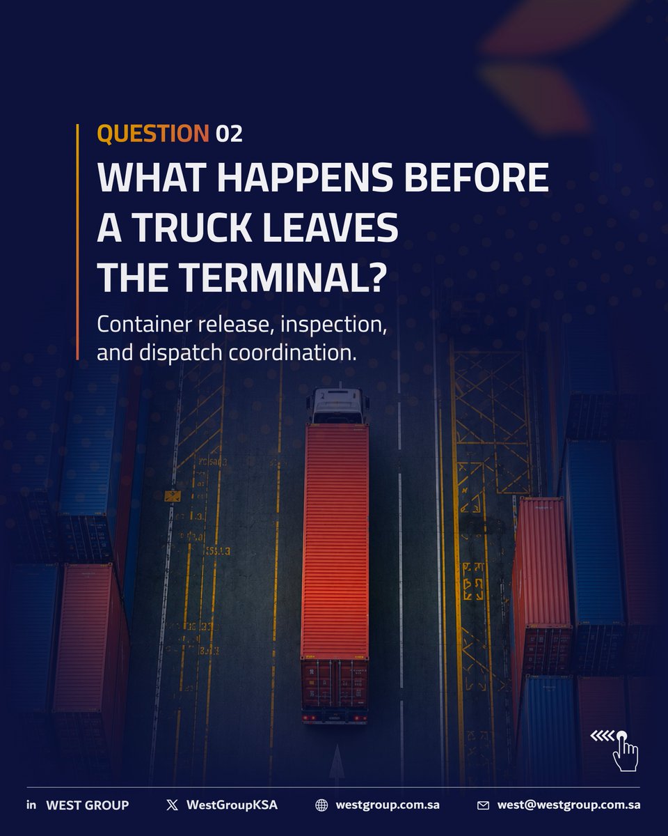 WestGroupKSA's tweet photo. What happens behind every smooth logistics operation?

From moving containers inside the port to preparing trucks for departure, every step requires accuracy, timing, and seamless coordination.

Swipe through to discover the answers to some of the most common questions about logistics, and see how every detail helps keep cargo moving efficiently.

At West Group, we support logistics operations with the coordination and reliability they require.

#WestGroup #Logistics