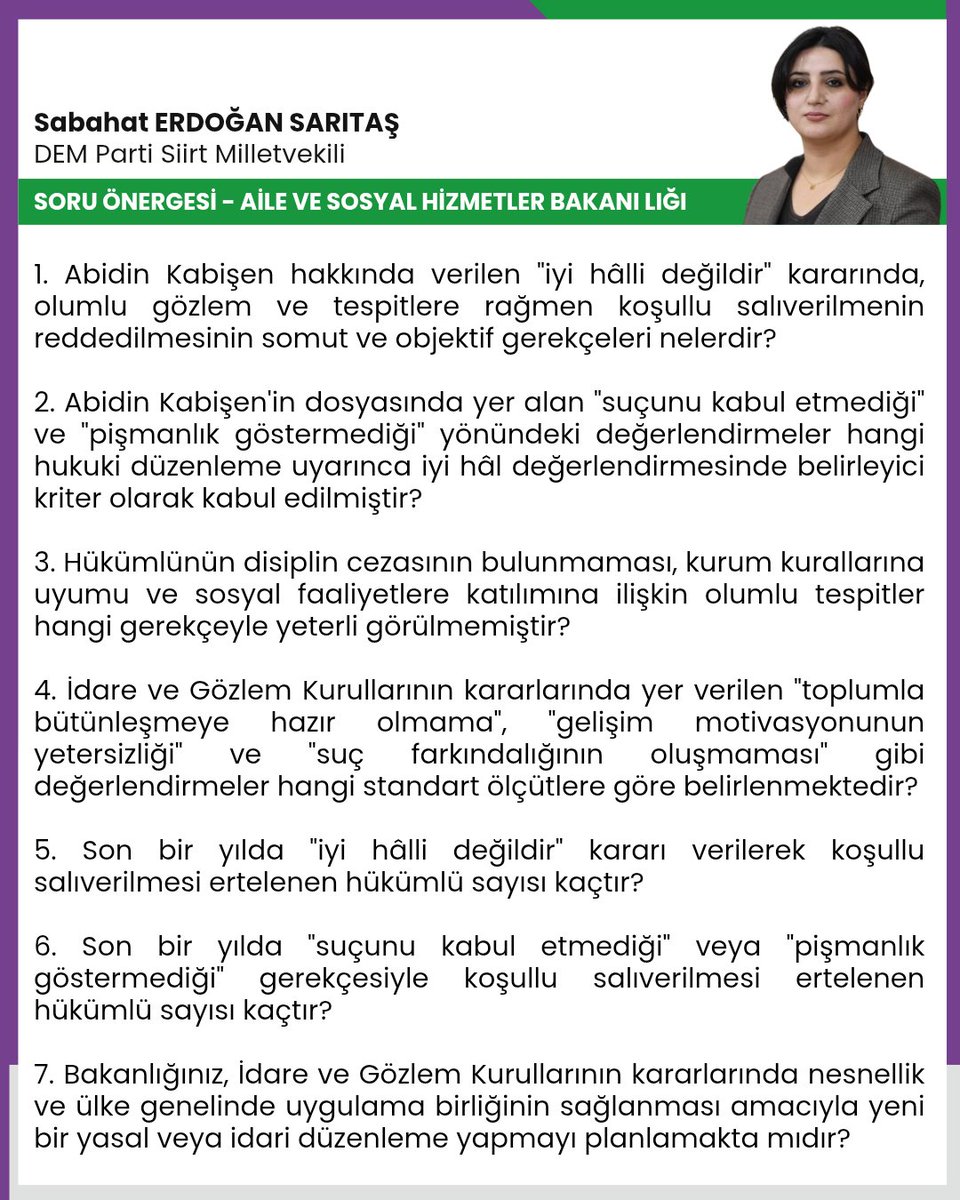 erdogansabahats's tweet photo. Espiye L Tipi Ceza İnfaz Kurumu'nda tutulan Abidin Kabişen hakkında hazırlanan kararda koşullu salıverilmesi uygun görülmüyor!

Özellikle siyasi mahpuslar hakkında benzer gerekçelerle verilen kararlar keyfî bir uygulamaya dönüştü. Koşullu salıverme hakkı, kişisel kanaatlere değil; hukuka, somut verilere ve objektif ölçütlere dayanmalıdır.

@DemSiirt @DEMPartiHukuk @adalet_bakanlik
