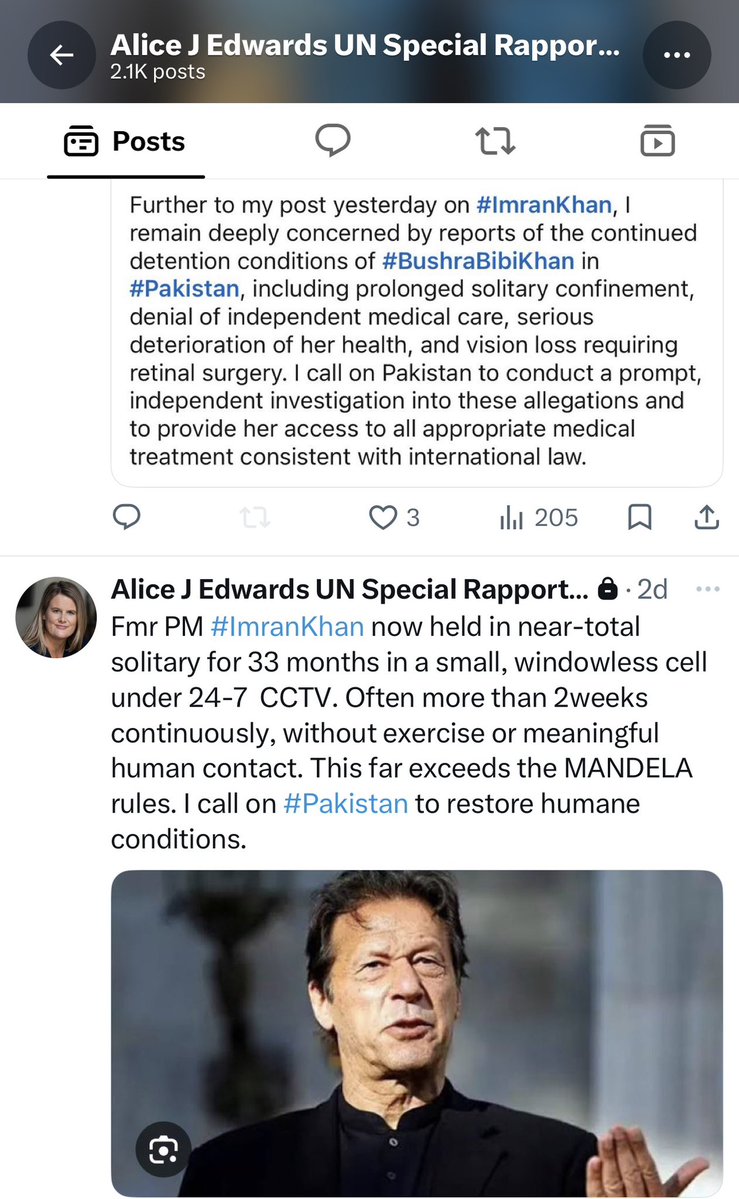 javerias's tweet photo. UN Rapporteur Alice J Edwards expresses grave concern over Imran Khan’s 33 months in near-total solitary confinement, and Bushra Bibi’s deteriorating health and vision loss without medical care. She calls on Pakistan to investigate and provide medical treatment in line with international law. #FreeImranKhan #FreeBushraBibi
@UNHumanRights @UN_SPExperts