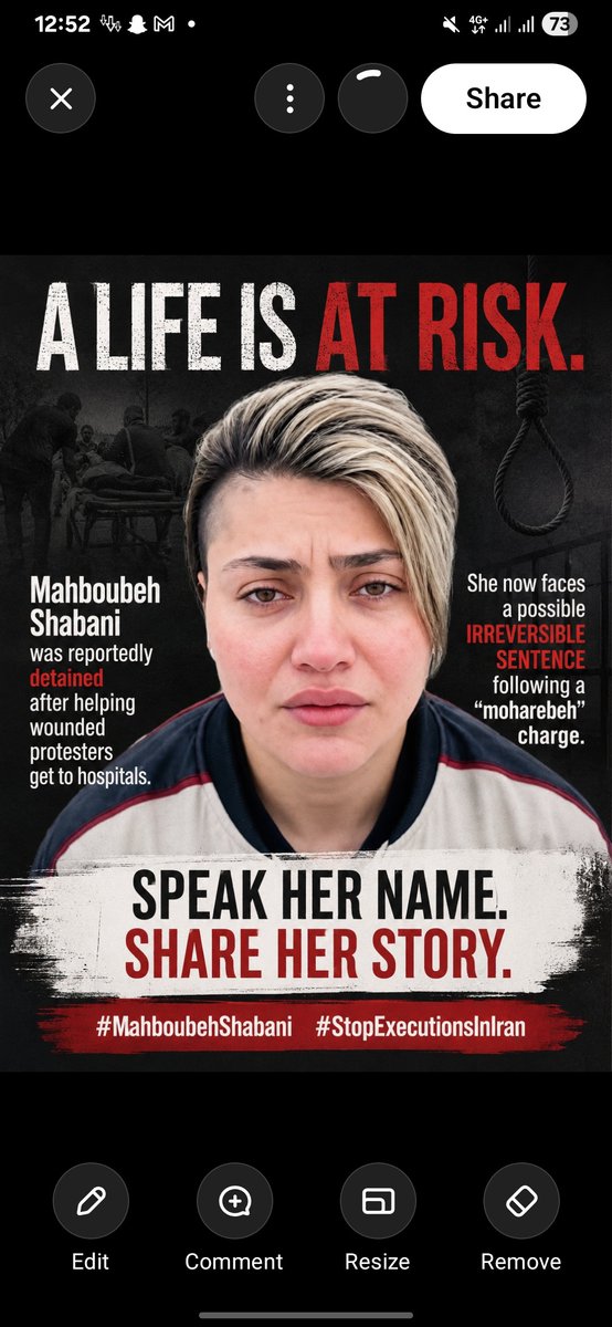 Elankami's tweet photo. 🚨URGENT : A life is at risk.
Mahboubeh Shabani was reportedly detained after helping wounded protesters get to hospitals. She now faces a possible irreversible sentence following a “moharebeh” charge.
Speak her name. Share her story.

#MahboubehShabani #StopExecutionsInIran https://t.co/MlgJOwAdcH
