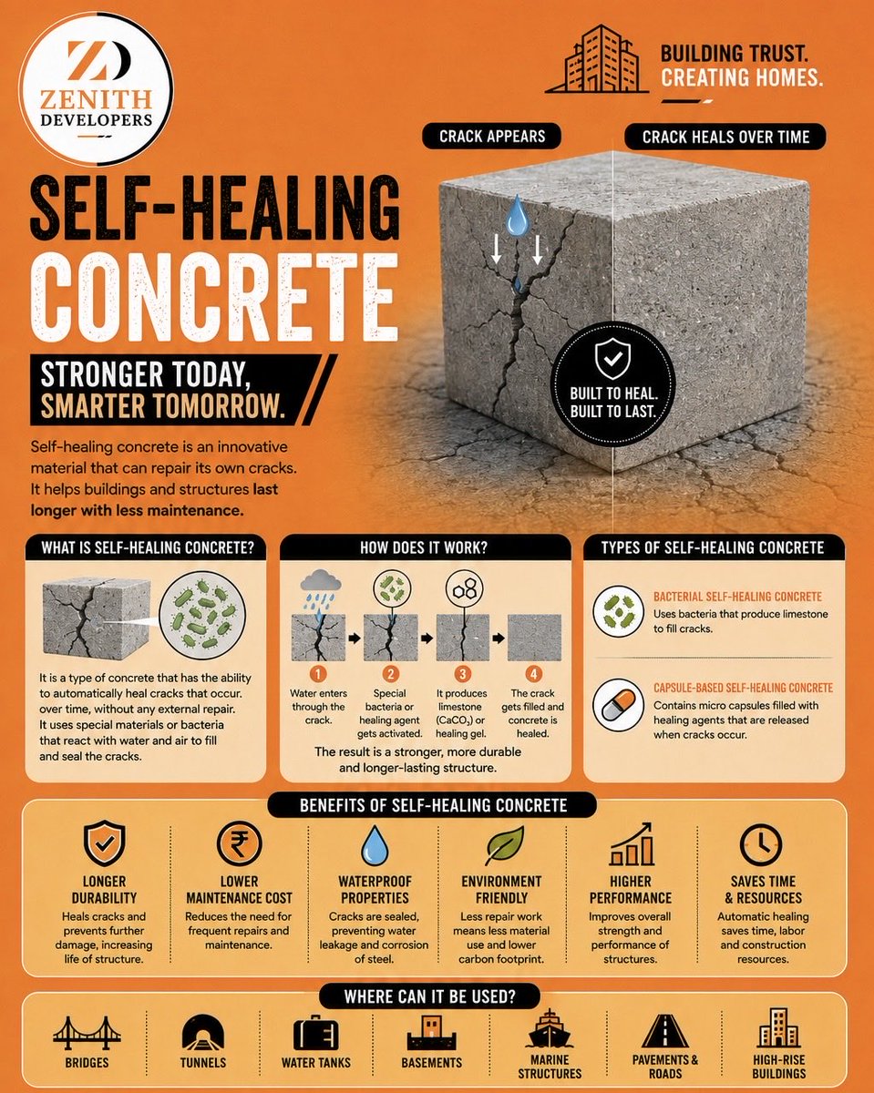 ZenitDevelopers's tweet photo. Innovation that builds stronger, smarter, and longer-lasting structures. 🏗️✨ Self-healing concrete is transforming the future of construction by repairing cracks automatically, reducing maintenance, and improving durability.

#zenithdevelopers #selfhealingconcrete https://t.co/aYj4yWb1NS