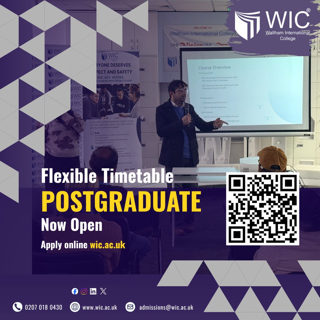 walthamcollege's tweet photo. Your Future, Your Schedule.

Looking to take the next step in your academic journey? Our Postgraduate Programmes are now open for applications—with flexible timetables designed to fit around your work, family, and lifestyle.

Postgraduate Admissions Now Open

#WIC https://t.co/8AElwafx0L