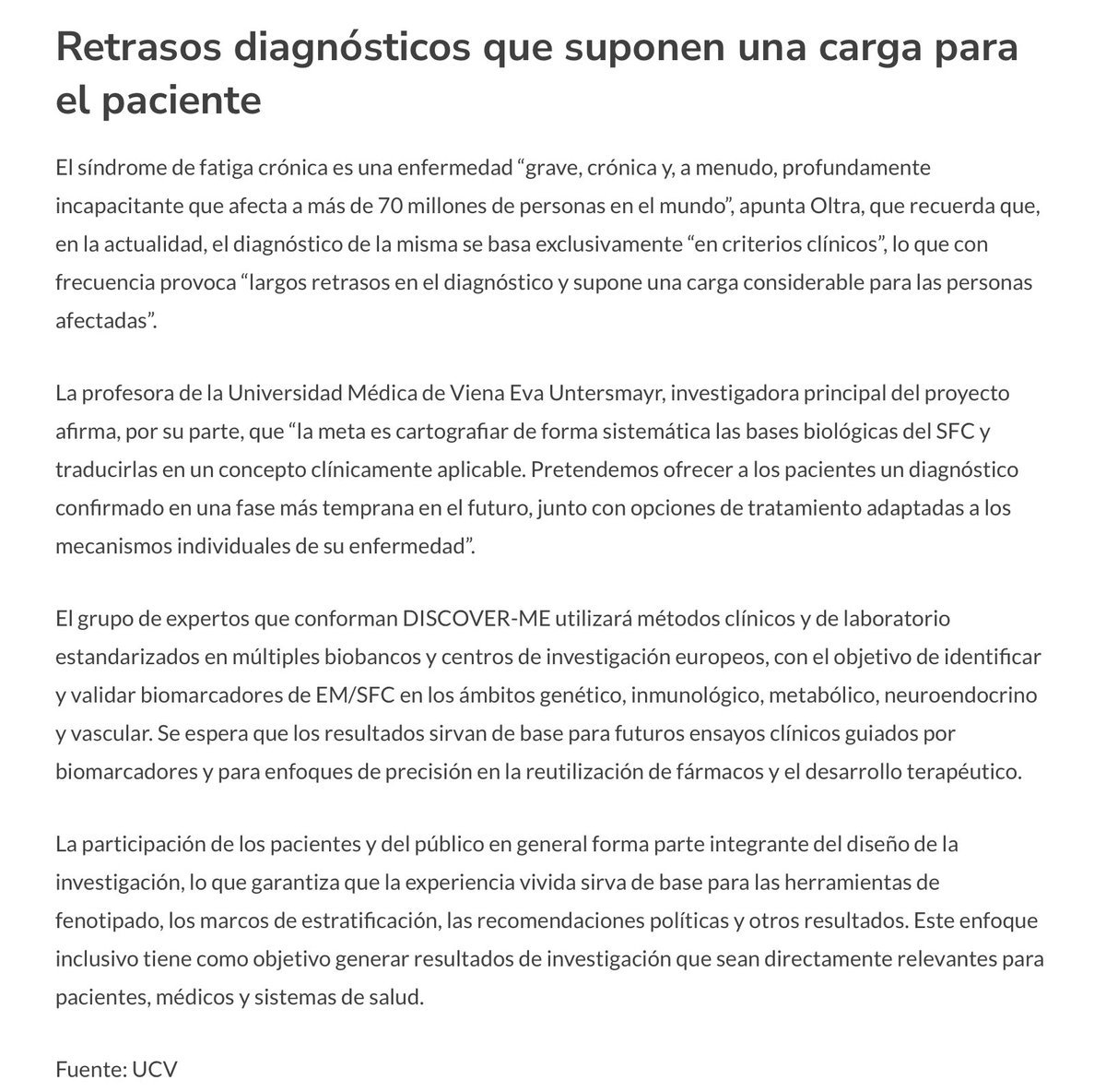 NoInvisibles's tweet photo. La Dra. Elisa Oltra de @UCV_svm coordina en 🇪🇸, el proyecto europeo de investigación #DISCOVER_ME, dentro del programa @HorizonEU para impulsar diagnósticos personalizados y estrategias de tratamiento de las personas con #EncefalomielitisMiálgica
El proyecto, financiado por la @EU_Commission con 7,5 millones de € y dirigido por la Prof. Eva Untersmayr de la @MedUni_Wien y biobanco #ME de @weandmecfs, con un consorcio internacional de veinte universidades e institutos de investigación
@EUROMEALL está involucrada como representante de los pacientes, que participarán a lo largo de todo el proyecto.
Como dice la Dra. Eva Martin @SFCencuentro: “el trabajo de @Invest_in_ME da sus frutos, feliz de que la #EMSfc empiece a tomarse en serio.”
Info en @asociacionruvid👇
https://t.co/RpWTWoBDdv