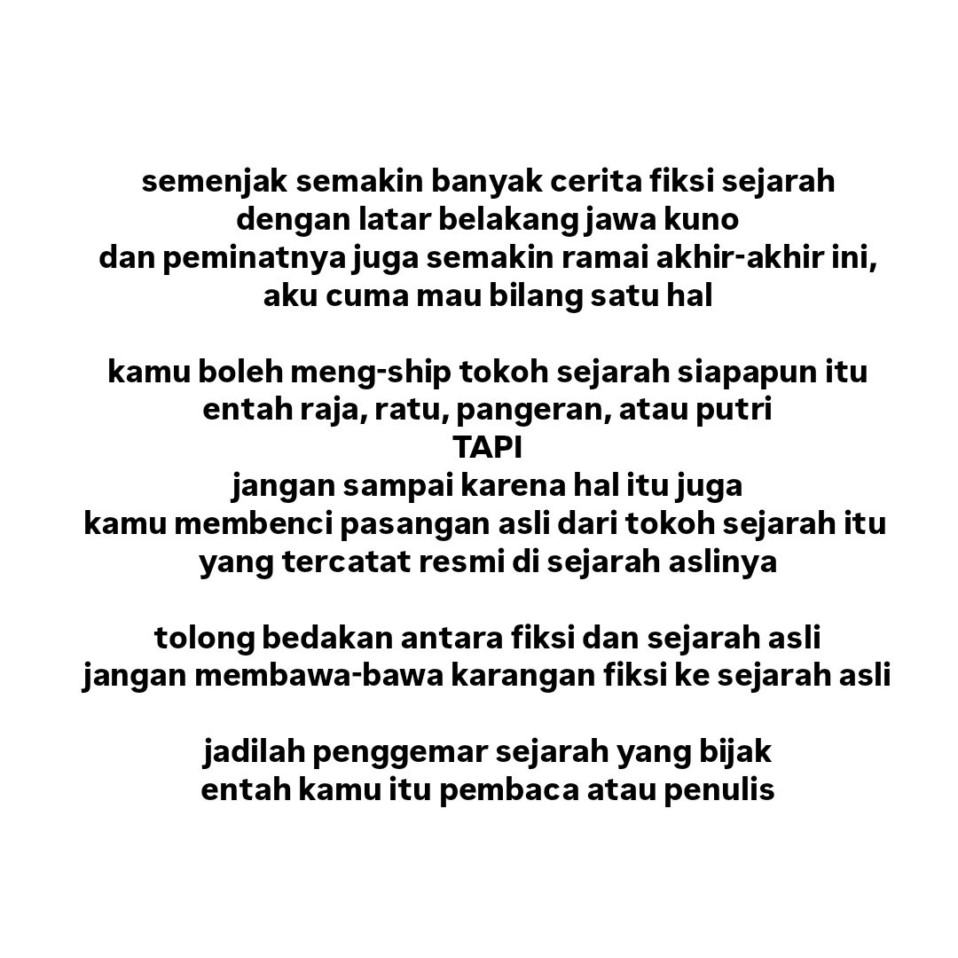 arunndaya_'s tweet photo. REMINDER UNTUK SEMUA PENGGEMAR SEJARAH JAWA KUNO ‼️

Tolong bedakan antara fiksi dan sejarah asli. Menikmati karya fiksi sejarah tentu sah² saja, asalkan diiringi kesadaran literasi sejarah yang baik agar niat menghibur diri tidak justru berujung mendiskreditkan para leluhur 🙌🏼 https://t.co/h3NaXmIyyy