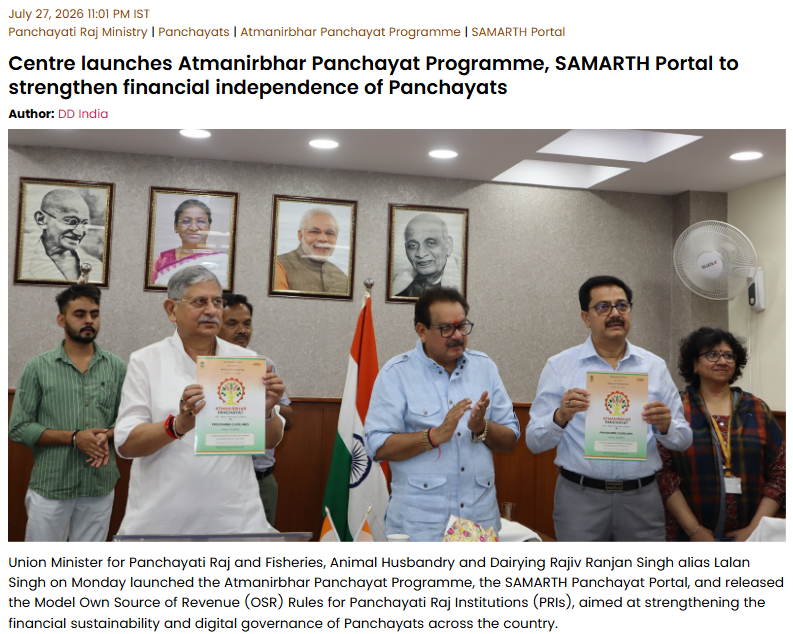 IPEGlobal's tweet photo. A significant milestone for the Atmanirbhar Panchayat Programme was achieved on 27 July 2026, with the Atmanirbhar Panchayat Guidelines officially launched by the Hon’ble Minister, Minister of State and Secretary, Ministry of Panchayati Raj. The Guidelines provide a structured framework for Gram and Block Panchayats to identify local opportunities, develop revenue-generating projects and strengthen their Own Source Revenue (OSR) for long-term financial sustainability.

As the Technical Agency, the PREC team of IPE Global Limited has contributed to developing the Guidelines and the framework for taking Panchayats from project identification to implementation. This includes OSR enhancement, project development and financial modelling, PPP and DBFOT structuring, transaction advisory, growth centre development, convergence, and access to CSR and institutional financing, enabling Panchayats to transform local resources and opportunities into financially viable and sustainable projects.

The Guidelines will help Panchayats develop bankable projects, strengthen OSR, attract private and institutional investment, and create local economic opportunities. Stronger, self-reliant Panchayats will be a key foundation for Atmanirbhar Panchayat and, ultimately, Viksit Bharat 2047.

To know more: https://t.co/EktjX6vuMD

#AtmanirbharPanchayat #ViksitBharat2047 #PanchayatiRaj #RuralDevelopment #LocalGovernance #MoPR #GramPanchayat #PREC #OwnSourceRevenue #PanchayatFinance #LocalEconomicDevelopment #SustainableDevelopment #RuralTransformation #GovernanceReforms #PublicPrivatePartnership #CSR #NABARD #HUDCO #IPEGlobal