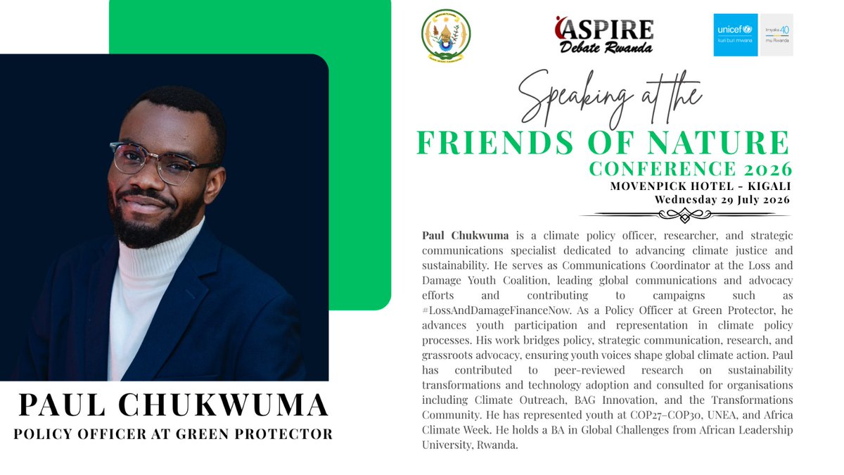 AspireDebateR's tweet photo. @DominicRwanda @unicefrw Paul Chukwuma

Policy Officer, Green Protector &amp; Communications Coordinator, Loss and Damage Youth Coalition
COP27. COP28. COP29. COP30. UNEA. Africa Climate Week.

Today he tells us what it actually takes to make a young voice count in a formal climate process. 💚 https://t.co/7jXaFDsI4M