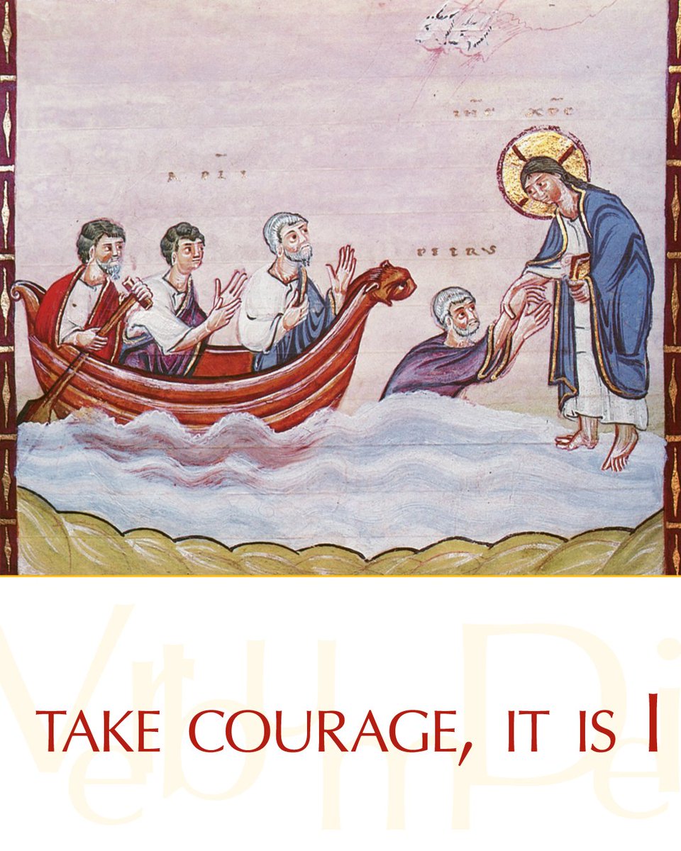 VaticanNews's tweet photo. Gospel of the Day (Matthew 14,22-33)

After he had fed the people, Jesus made the disciples get into the boat and precede him to the other side of the sea, while he dismissed the crowds.
After doing so, he went up on the mountain by himself to pray. When it was evening he was there alone.
Meanwhile the boat, already a few miles offshore, was being tossed about by the waves, for the wind was against it.
During the fourth watch of the night, he came toward them, walking on the sea.
When the disciples saw him walking on the sea they were terrified. "It is a ghost," they said, and they cried out in fear.
At once (Jesus) spoke to them, "Take courage, it is I; do not be afraid."
Peter said to him in reply, "Lord, if it is you, command me to come to you on the water."
He said, "Come." Peter got out of the boat and began to walk on the water toward Jesus.
But when he saw how (strong) the wind was he became frightened; and, beginning to sink, he cried out, "Lord, save me!"
Immediately Jesus stretched out his hand and caught him, and said to him, "O you of little faith, why did you doubt?"
After they got into the boat, the wind died down.
Those who were in the boat did him homage, saying, "Truly, you are the Son of God."

https://t.co/INz5WyWAWL