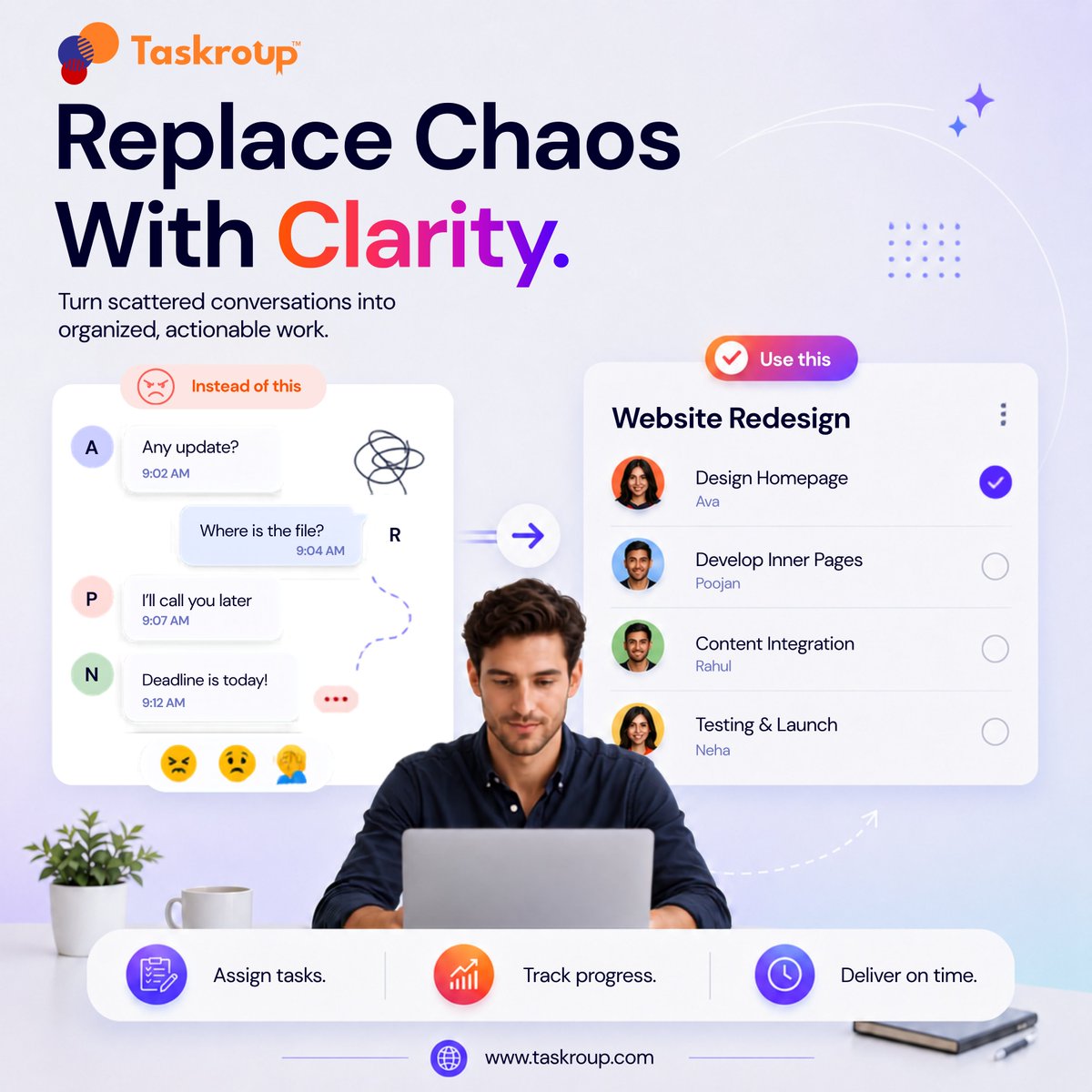 taskroup's tweet photo. Turn scattered conversations into organized, actionable work with Taskroup. Assign tasks, track progress, collaborate clearly, and help your team deliver every project on time.

Explore more at https://t.co/BGP3eOlXp3

#taskroup #taskmanagement #teamcollaboration https://t.co/4nguMXzXrb