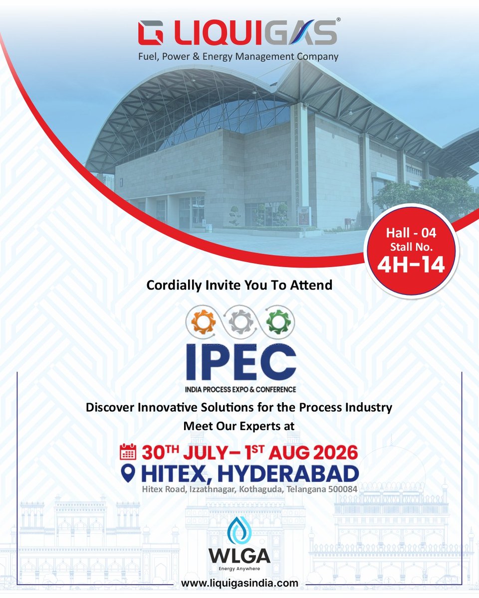 liquigasindia's tweet photo. 🚀 Meet Liquigas at IPEC 2026!

Join us at IPEC – India Process Expo &amp; Conference to discover advanced Fuel, Power &amp; Energy Management Solutions designed for the process industry.

📍 Hall 04 | Stall 4H-14
📅 30th July – 1st August 2026
📌 HITEX Exhibition Centre, Hyderabad https://t.co/CCyAn0epmE
