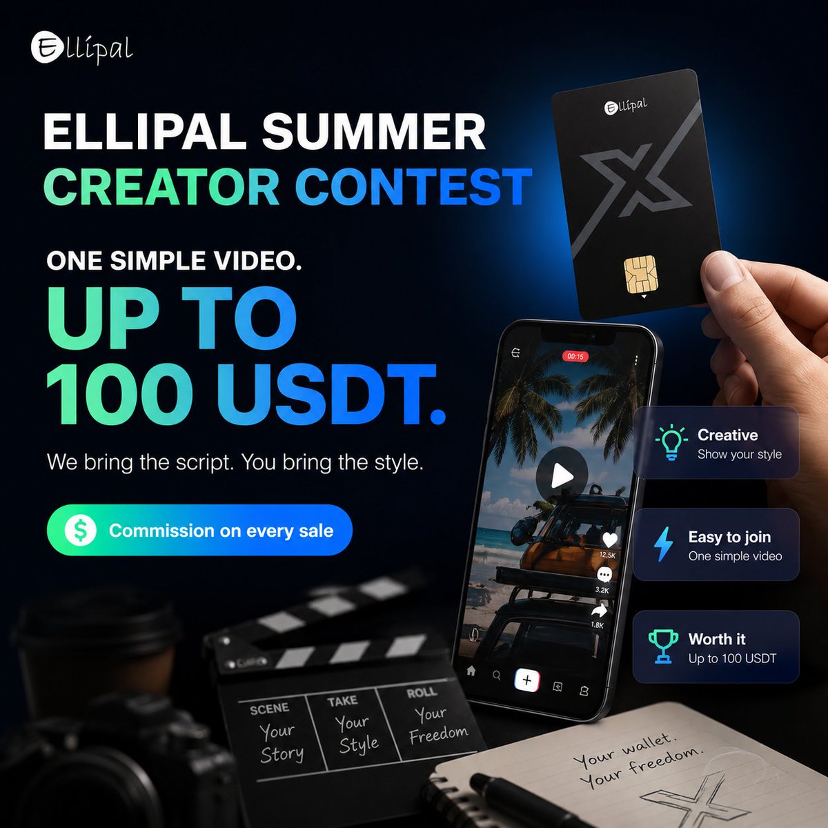 ELLIPAL's tweet photo. ELLIPAL Summer Creator Contest 🎬

One simple video. Up to 100 USDT.
We bring the script. You bring the style.
+ Commission on every sale

Your wallet. Your freedom.
Details 👇
https://t.co/rTjy6B0tkN https://t.co/e8hDZPMIe1