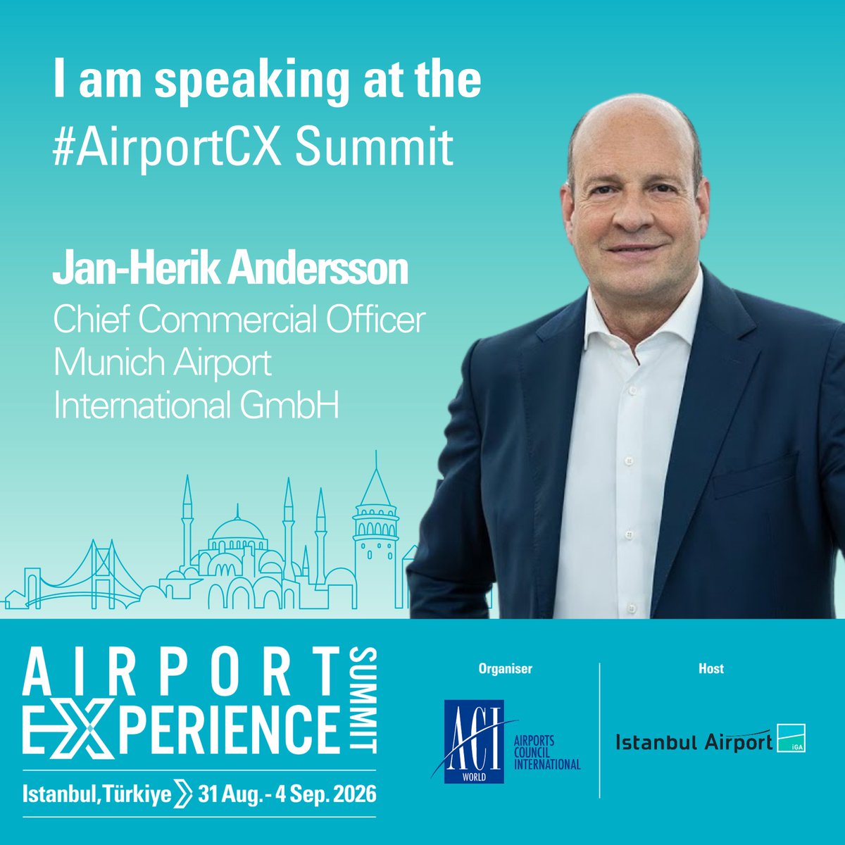ACIWorld's tweet photo. We're excited to have Jan-Henrik Andersson, Chief Commercial Officer at Munich Airport International GmbH, joining the Airport Experience Summit in Istanbul!

Catch him in Session 16: Impact of Customer Experience on Non-Aeronautical Revenues

🔗 Full program & registration:
https://t.co/pCxEWyWAR1

📅 31 August – 4 September 2026
📍 Istanbul, Türkiye | Hosted by İGA İstanbul Airport

@igairport