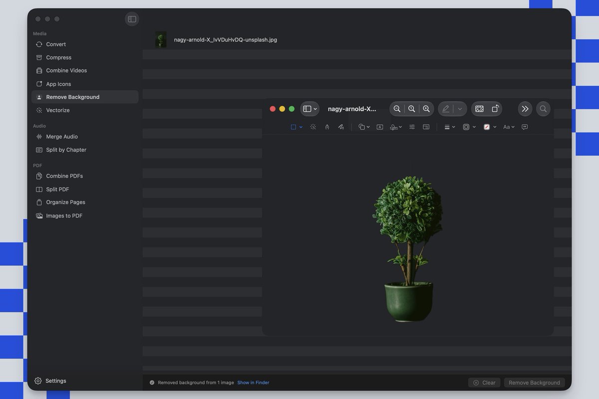 picmalapp's tweet photo. Picmal's Remove Background cuts the subject out onto a transparent PNG.

Drop an image and it finds the foreground, drops the rest to transparent. All on-device, nothing uploaded.

Works in the app, in Shortcuts, and from the terminal with picmal-cli. https://t.co/fubNCJlBGG