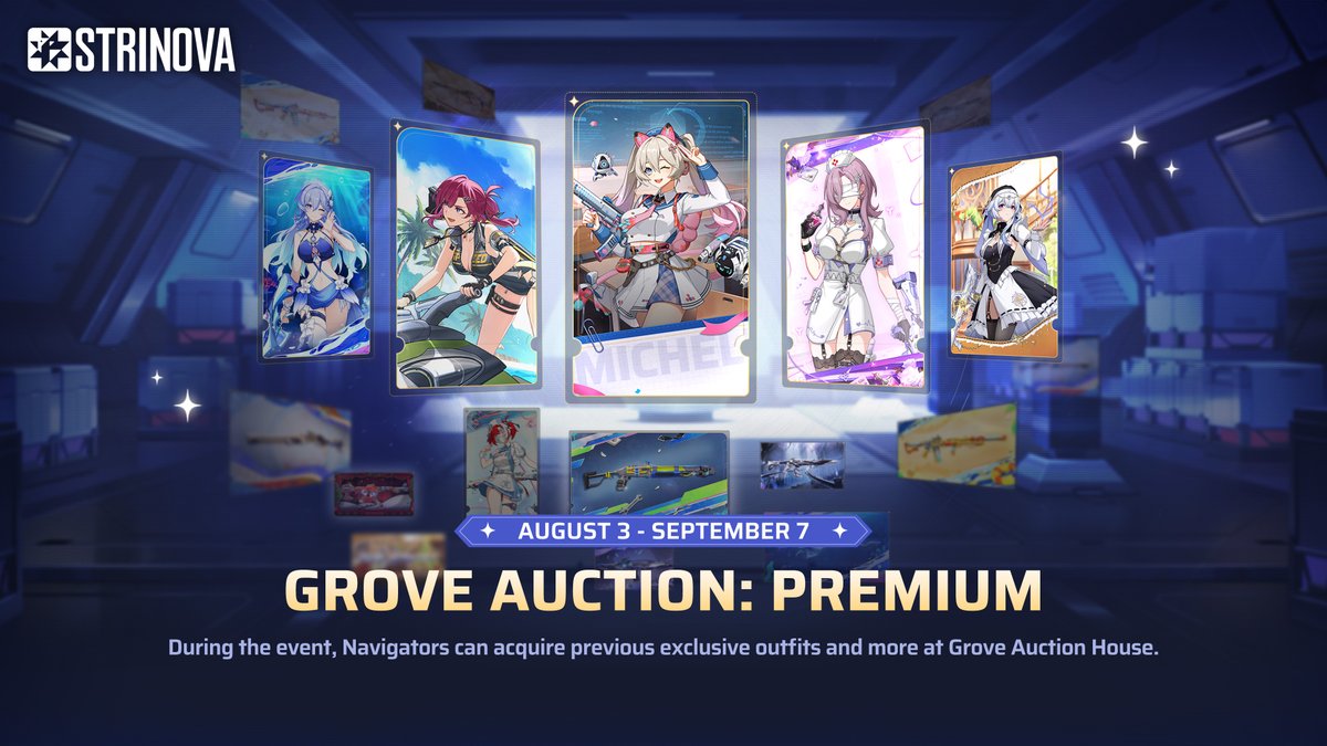 Strinova_EN's tweet photo. Event Preview | GROVE AUCTION: PREMIUM

The limited-time event is back with returning exclusive outfits, plus some new additions to the lineup.

Check out the collection and see what catches your eye, Navigators. 😉

⏰ Event Period:
August 3 - September 7
#Strinova https://t.co/0NZVKs1ETy