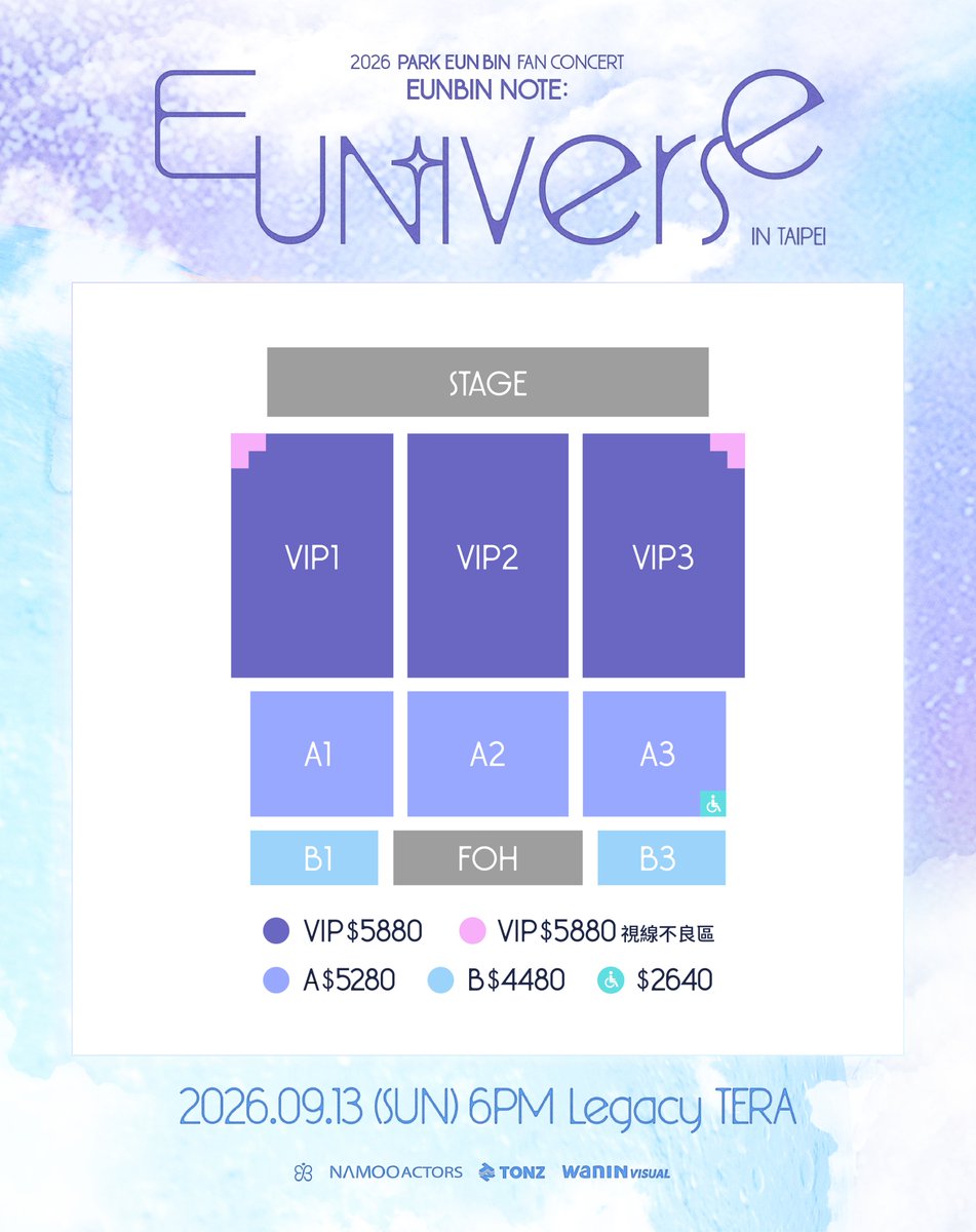 TONZentofficial's tweet photo. 2026 PARK EUNBIN FAN CONCERT <EUNBIN NOTE: EUN-iverse> IN TAIPEI

🐰 Event Information
Date & Time: September 13, 2026 (Sun) at 6:00 PM (Actual show time is subject to the on-site announcement.)
🐰Venue: Legacy TERA (No. 99, Sec. 8, Civic Blvd., Nangang Dist., Taipei City)
🐰Ticketing Platform: https://t.co/7hf1Nnn2lc
🐰Ticket Sales Open: August 7, 2026 (Fri) at 11:00 AM (TST)
🐰Organizer: WANIN Visual
🐰Ticket Prices: NT$5,880 / NT$5,280 / NT$4,480 (All Seated)
🐰 Fan Benefit Eligibility
Ticket holders who purchase their tickets by August 19, 2026, 11:59 PM (TST), do not request a refund, and complete the fan benefit registration on the official WANIN Visual website will be eligible for the lucky draw.

WANIN Visual Official Fan Benefit Registration :
🔒Eligibility: Complete ticket purchase by August 19, 2026, 11:59 PM (TST), do not request a refund, and complete registration on the official event page.
🔒Registration Period: August 7, 2026, 11:00 AM – August 19, 2026, 11:59 PM (TST)
🔒Fan Benefit Registration Page: https://t.co/jUAxLxbEwh
🔒Registration Guide: https://t.co/Z3pzjv2qYl

#박은빈 #PARKEUNBIN #은빈노트_EUNiverse
#EUNBINNOTE_EUNiverse #網影 #WANINVISUAL
#TonzEntertainment #TONZ #톤즈엔터테인먼트