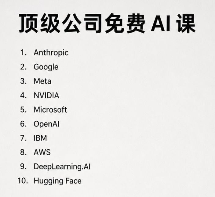 nuannuan_share's tweet photo. 直接从顶级公司免费学习 AI

1 - Anthropic: https://t.co/wWTFU2aZ1o 
2 - Google: https://t.co/X5eHwdOb2f 
3 - Meta: https://t.co/QHzfX8QEcA 
4 - NVIDIA: https://t.co/OBxLtuyoV5 
5 - Microsoft: https://t.co/fw9YTRhhMK 
6 - OpenAI: https://t.co/YyP7z65X5m 
7 - IBM: https://t.co/ULDUr7GoeH 
8 - AWS: https://t.co/sEdJLG1NbI 
9 - DeepLearning AI: https://t.co/G0VynkasYN 
10 - Hugging Face: https://t.co/A2KAz5Ppx3