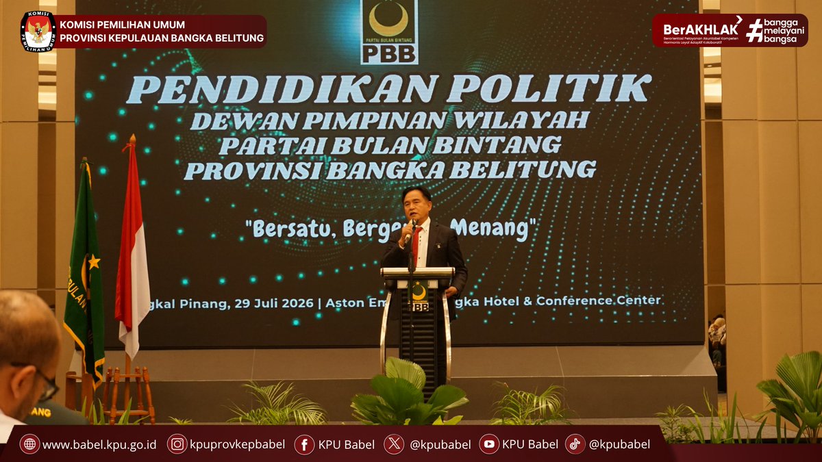 KPUBabel's tweet photo. #SeperadikPemilih Ketua KPU Babel, Husin, menghadiri kegiatan Pendidikan Politik Tahun 2026 yang diselenggarakan oleh DPW Partai Bulan Bintang (PBB) Provinsi Kepulauan Bangka Belitung dengan mengusung tema “Bersatu, Bergerak, Menang”.

#KPUBabel #KPUMelayani https://t.co/obcvJWpbOH