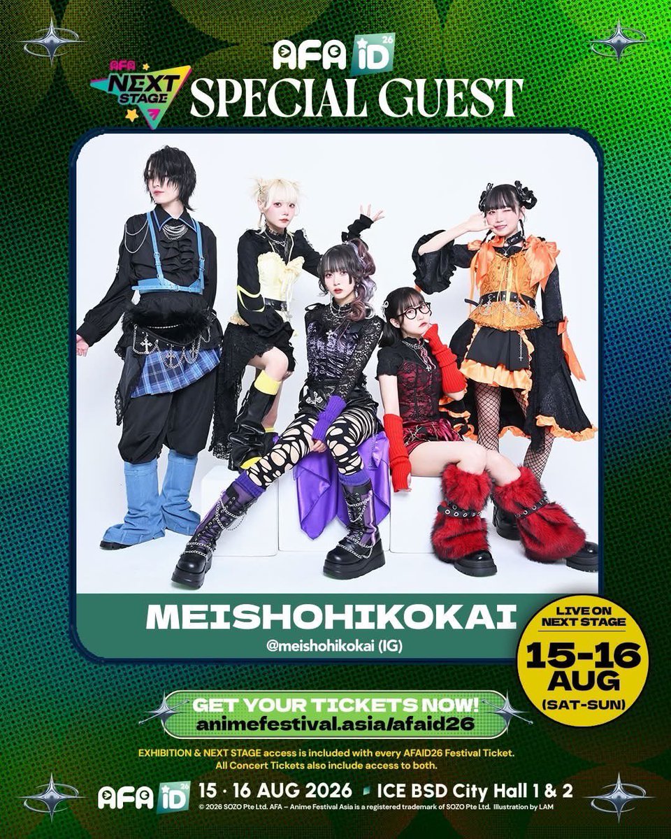 MEISHOHIKOKAI's tweet photo. ＼🇮🇩 JAKARTA, ARE YOU READY? 🔥／
　   名称非公開、初のAFA出演決定⚡️
 ￣￣￣￣￣￣￣￣￣￣￣￣￣￣￣￣￣￣
Anime Festival Asia Indonesia 2026
「AFA NEXT STAGE」 に出演します‼︎

📅 2026.8.15 (SAT)・8.16 (SUN)
📍 ICE BSD City Hall 1 & 2

⭐︎出演メンバー⭐︎
🎤 トギー
🎤 いかさん
🎤 ヒューガー
（※古森もぐ、ムロ葉菜子は不参加）

🎉ジャカルタでのファンミーティングも開催決定‼︎
（詳細やレギュレーション、グッズ情報については、追ってご案内いたします）

ジャカルタで皆さんにお会いできることを楽しみにしています🇮🇩

See you in Jakarta! ✨

==========================

＼🇮🇩 JAKARTA, ARE YOU READY? 🔥／
MEISHO HIKOUKAI is making its first-ever appearance at AFA! ⚡️
￣￣￣￣￣￣￣￣￣￣￣￣￣￣￣￣￣￣
We’re excited to perform at AFA NEXT STAGE during Anime Festival Asia Indonesia 2026!

📅 August 15 (Sat) & August 16 (Sun), 2026
📍 ICE BSD City Hall 1 & 2

⭐︎Performing Members⭐︎
🎤TOGGY
🎤 IKASAN
🎤HYUGA

Please note that Furumori Mogu and Muro Hanako will not be joining this event due to scheduling commitments.

🎉 An Offline Fan Meetup in Jakarta has also been confirmed!

More details regarding the event, merchandise, and fan meeting regulations will be announced soon.

We can’t wait to see everyone in Jakarta! 🇮🇩

See you in Jakarta! ❤️

#AFAID26 #AFANextStage #AnimeFestivalAsia #Indonesia #Jakarta