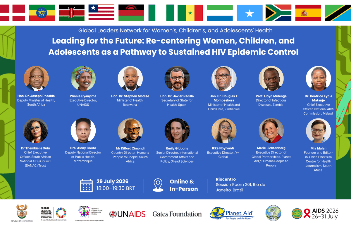 GLN_Community's tweet photo. Attending the 26th International AIDS Conference? Join us today, in person or online, for a high-level ministerial symposium on the future of the HIV response.

"Leading for the Future: Re-centering women, children, and adolescents as a pathway to sustained HIV epidemic control" will bring together Ministers of Health, global health leaders and partners to explore the leadership, partnerships, financing and community-led action needed to sustain progress, protect hard-won gains, and accelerate efforts to end AIDS as a public health threat by 2030, with women, children and adolescents at the heart of the response.

📅 29 July 2026
🕕 18:00–19:30 BRT
📍 Riocentro, Rio de Janeiro
📖 Programme: https://t.co/j29wyEWlGS
▶️ Watch online: https://t.co/ZeEn5hMaB3

#RethinkRebuildRise #IAS2026 #AIDS2026 #WCAH #EndAIDS2030