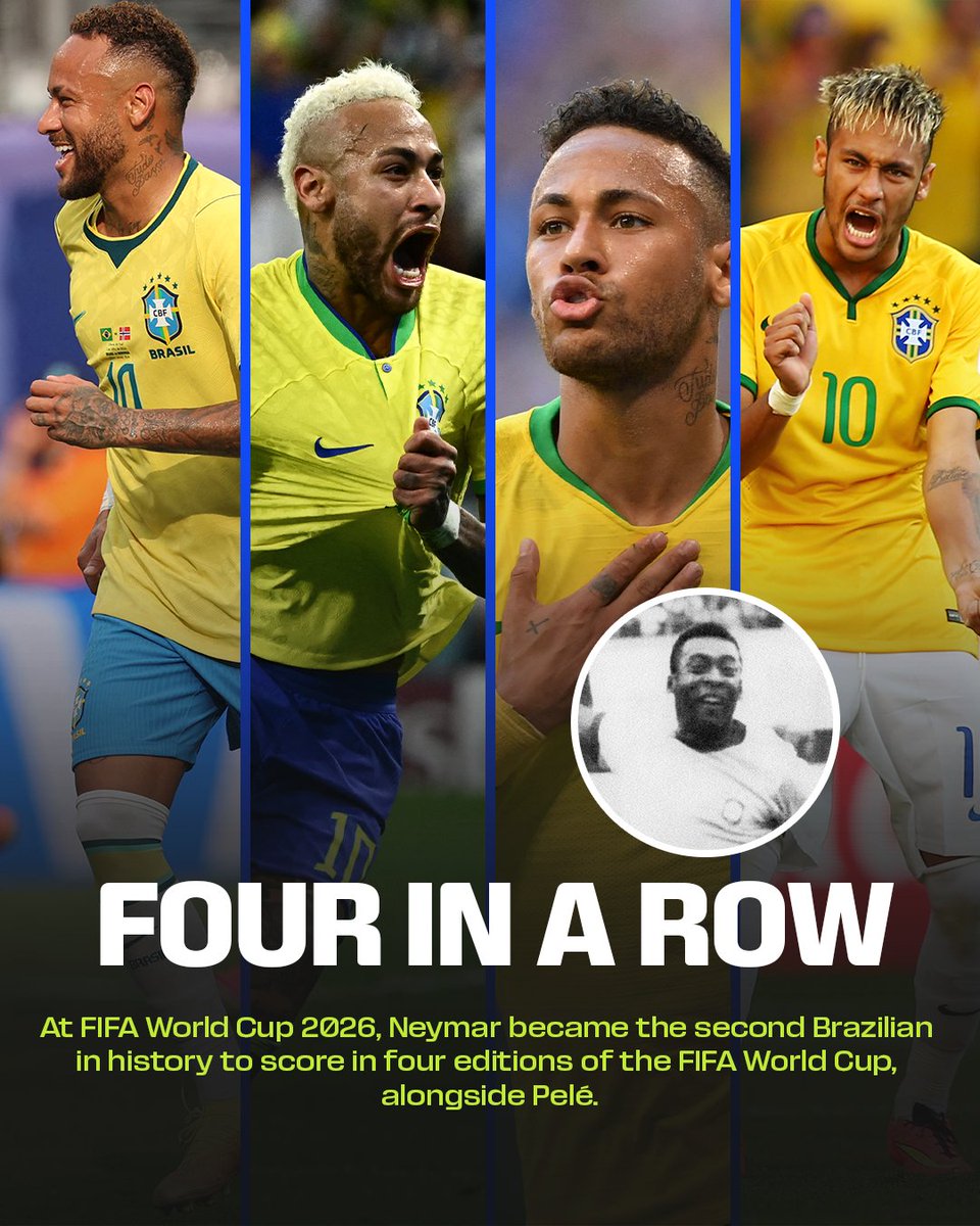 FIFAcom's tweet photo. 2026 ✅
2022 ✅
2018 ✅
2014 ✅

Neymar joins Pelé as the only Brazilians to score at four different editions of the @FIFAWorldCup 🇧🇷 https://t.co/dXle0cxtYR