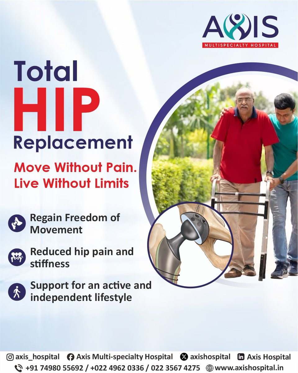 axishospital1's tweet photo. Hip pain shouldn’t stop you from living life to the fullest.

Total Hip Replacement can help reduce pain, improve mobility, and restore your independence

Consult the orthopedic experts at Axis Hospital 

#AxisHospital #TotalHipReplacement #OrthopedicCare #JointHealth #PainRelief https://t.co/Os5wqzS7cN